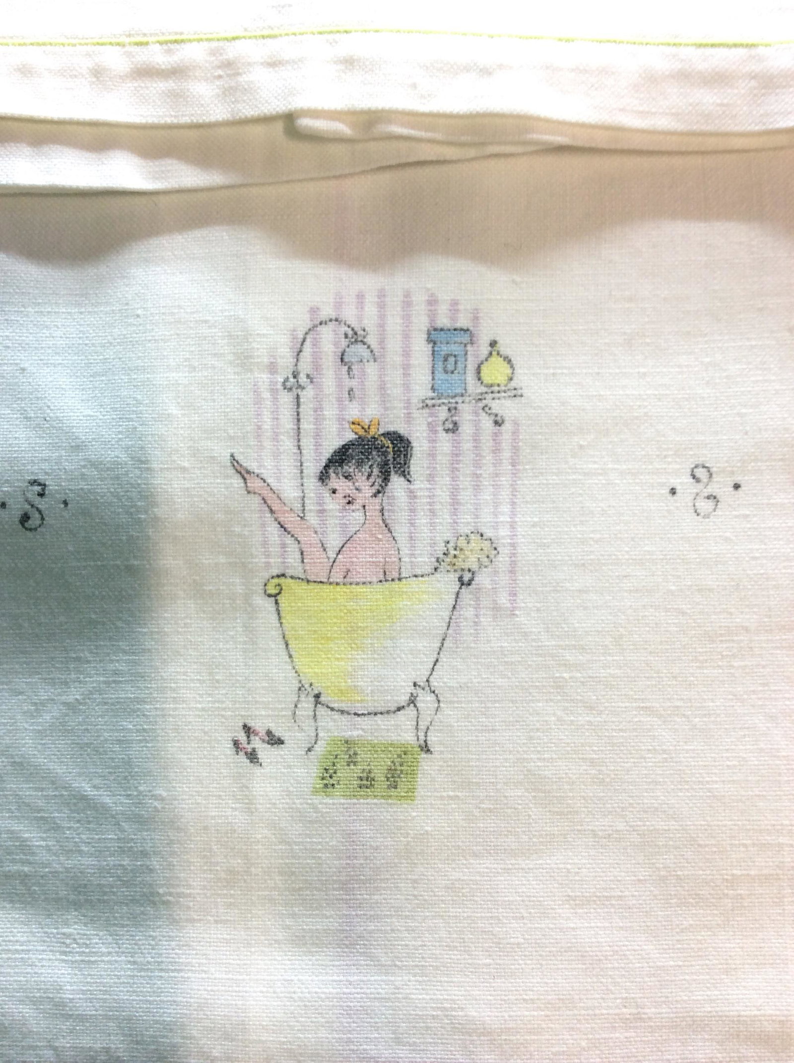 Collectible Set 5 Vintage Bath Chic Hand Towels: Cotton hand towels with various prints of lady in bathtub, shower, at vanity. shabby chic retro. Embroidered line edge, each with a different color. Size 15.5 in.L by 10 in. Pressed, no fabric issues.