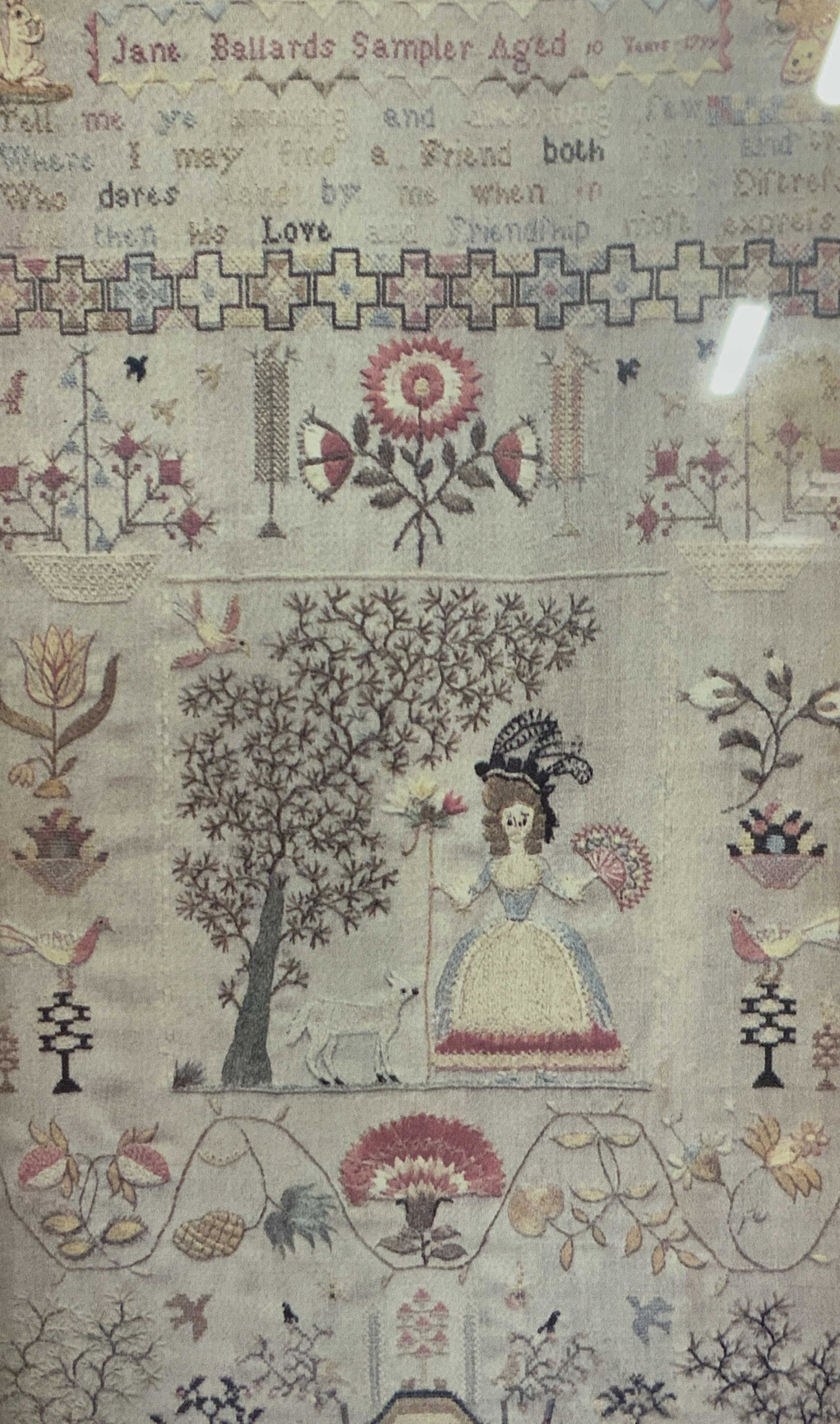 Signed Print of Embroidery Sample: Print of Sample of Embroidery, along the upper center border text reads ‘Jane Ballards Sampler Aged 10 years 1799’, text in the upper center section reads ‘Tell me ye — and — few where I may