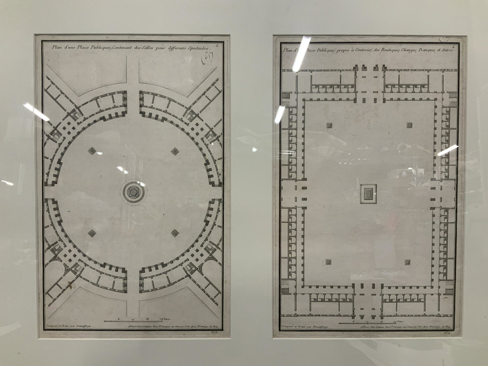 Engraving of Parisian Building Blue Prints: Engraving of a Parisian building on the street Rue St. Jacques, piece has two blueprints one of a rotunda and one of a public square, scales for size are located at the lower center section of each, l