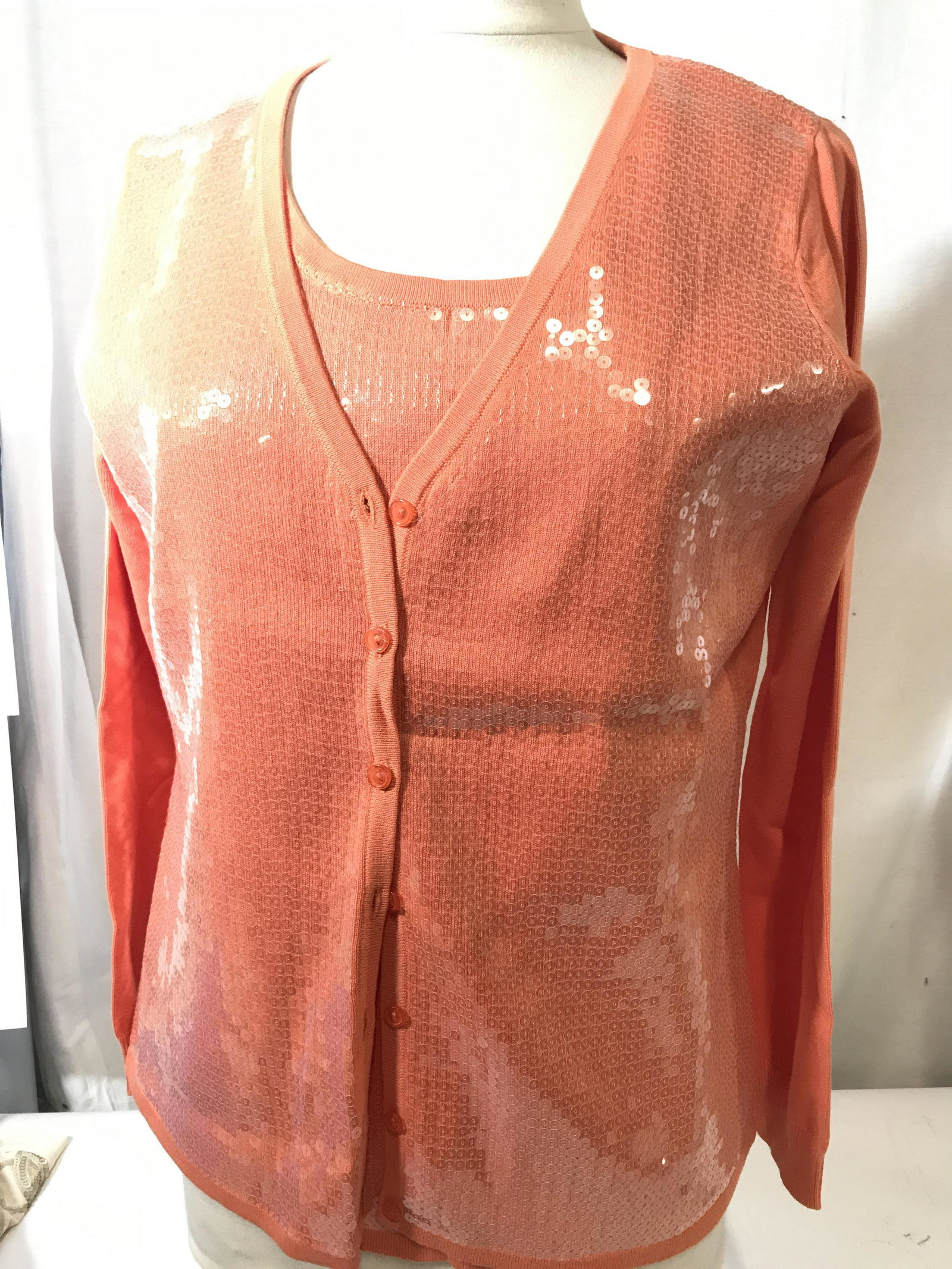 Diane Gilman Sequin Sweater Set, Sz Med: Caribbean Orange color, sleeveless cotton/ rayon top, front covered with transparent clear sequins. Matching Long sleeve cardigan, also Size Med. designer & care instruction labels affixed. Property o