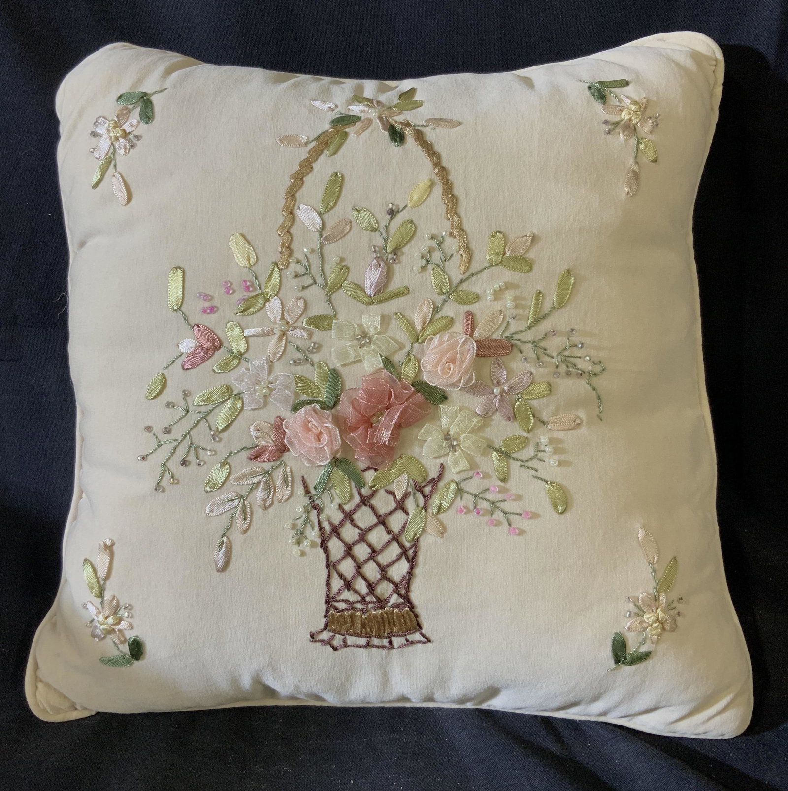 Needlepoint Ribbon Floral Bouquet Toss Pillow: Cream toned fabric pillow, ribbon embroidery and Needlepoint floral bouquet design, measures approx 12 in by 12 in, toss pillow, throw pillow, home decor, decorative arts and accessories
