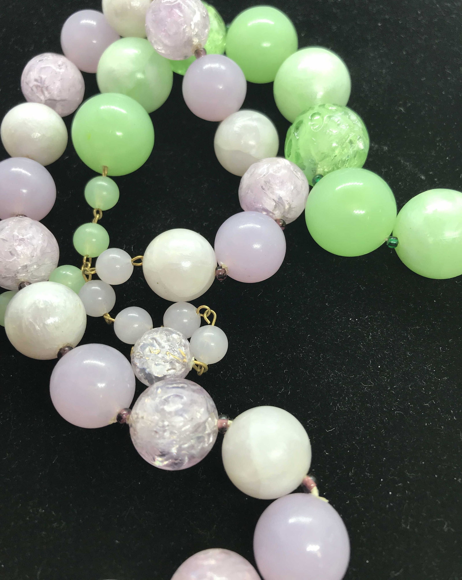Lot 2 Retro Vintage Bead Choker Necklaces, 17 in.: One pastel Green, one violet, adjustable collar necklaces or chokers. Large size acrylic beads, possibly mid century, Both clasps read GERMANY, PROPERTY Of Upper a East Side NYC Estate, 3 Vintage Big 