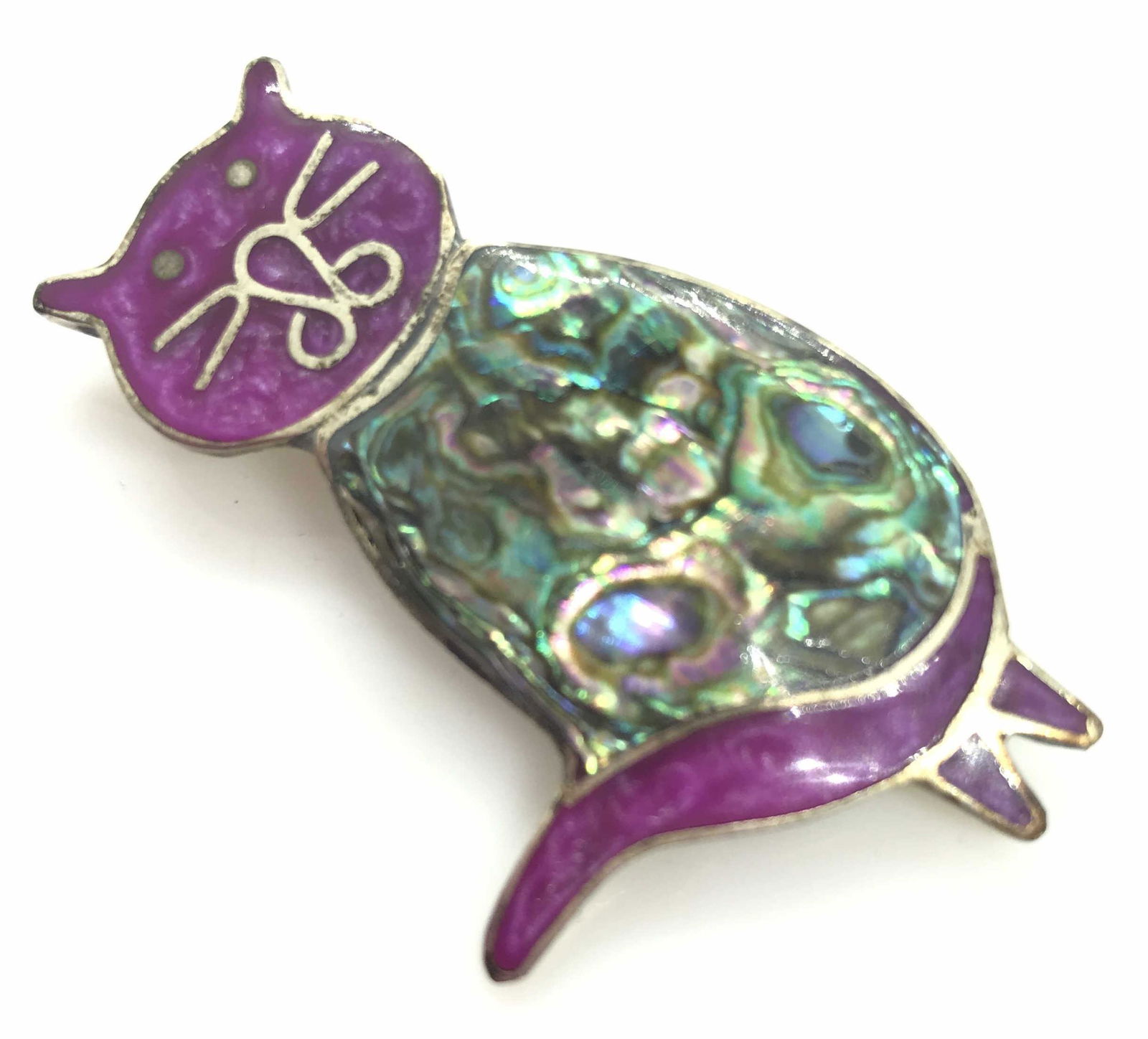 Sterling Silver Enamel Folk Cat Pin, Mexico: Abalone & purple enamel folk cat pin, outlined in silver lines, back reads ‘Sterling Mexico’ 2 in. long. Mexican Silver pin. folk art Cat pin, Brooch, Vintage Mexican Jewelry, Shell & enamel, abal