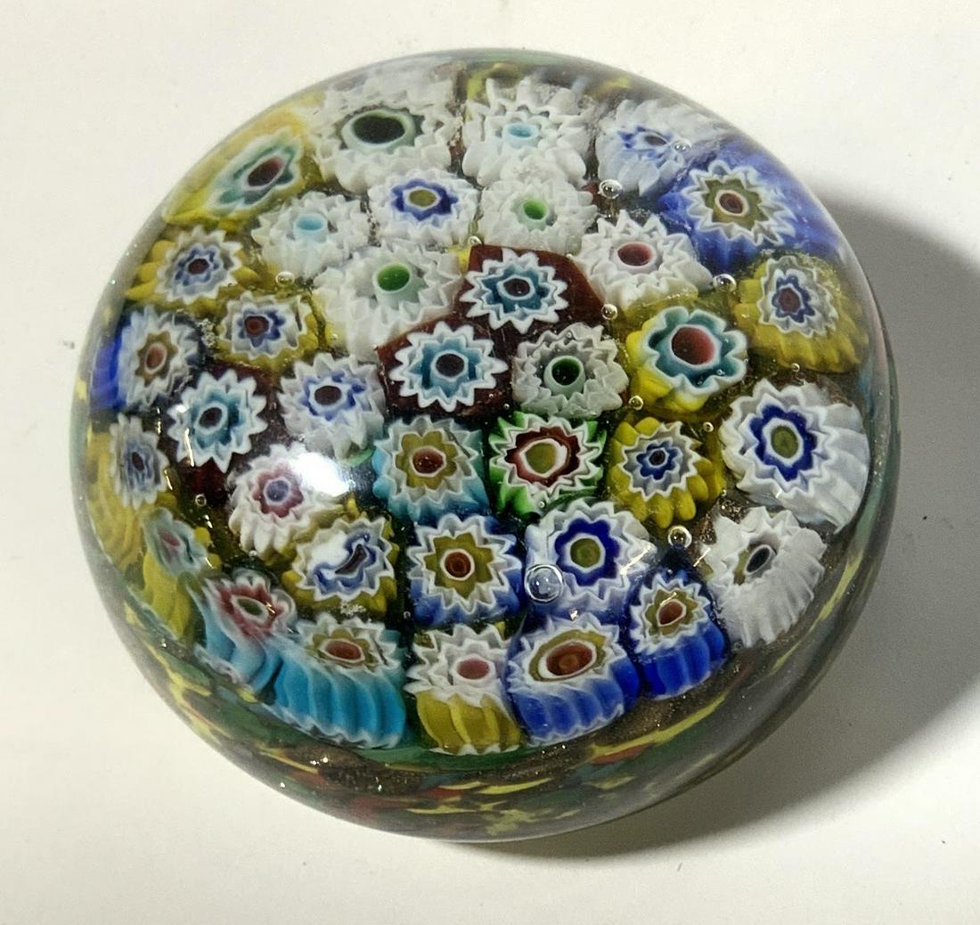 Pair Murano Art Glass Paperweight, Italy: Pair paperweights, Egg shape has sticker on underside reads Made in Murano Italy. Blue and white toned floral design, Egg shape, some minor surface wear. One half circle, apparently unsigned, no stick