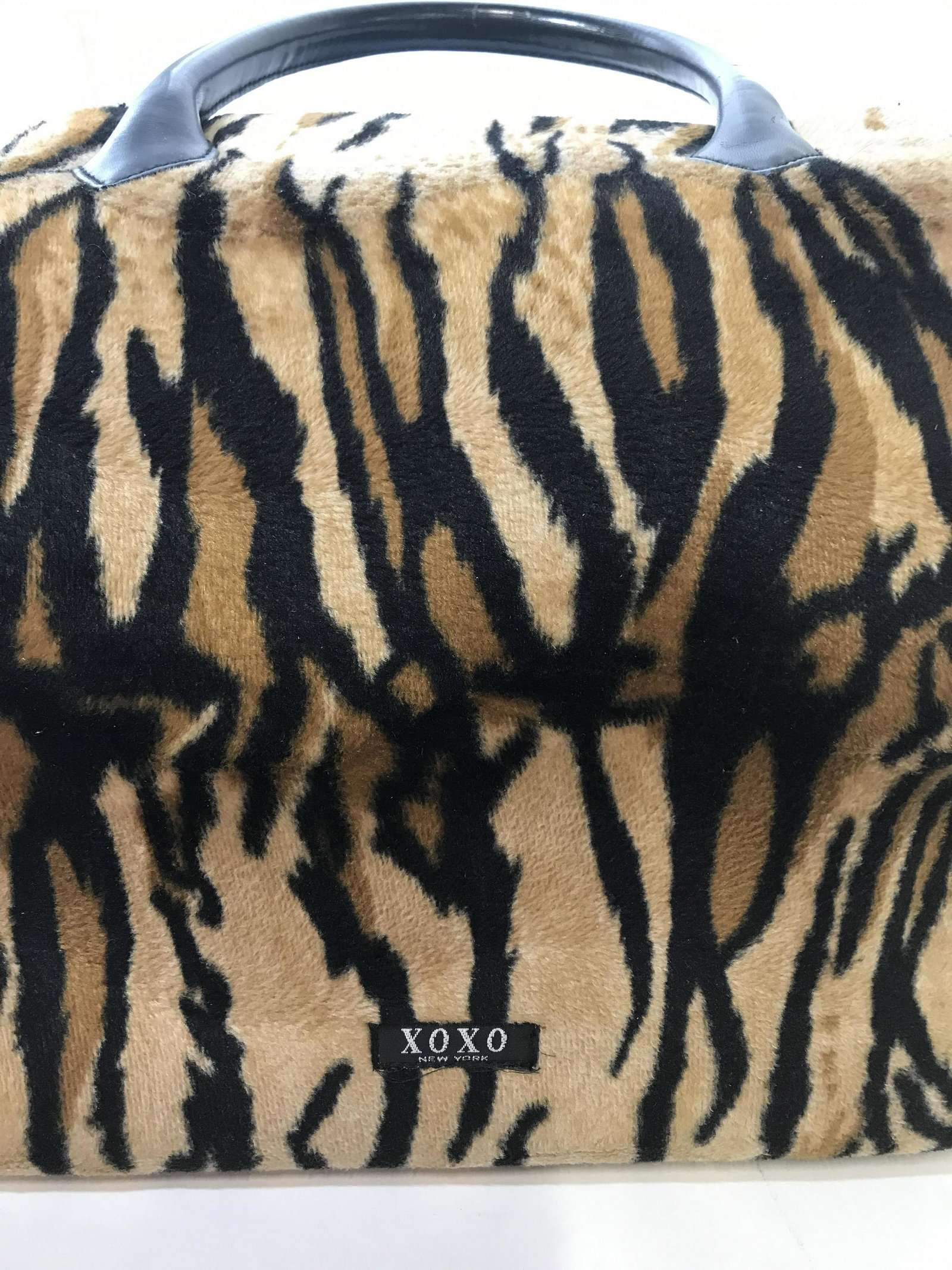 XOXO Plush Animal Print Ladies Tote Bag: Animal Print Tote, red Silky fabric interior lining, faux leather covered handles, construction good, no fabric issues noted. 12.5 x 10 in. 6 in. Deep. Xoxo designer tote, Purse, handbag, Plush animal