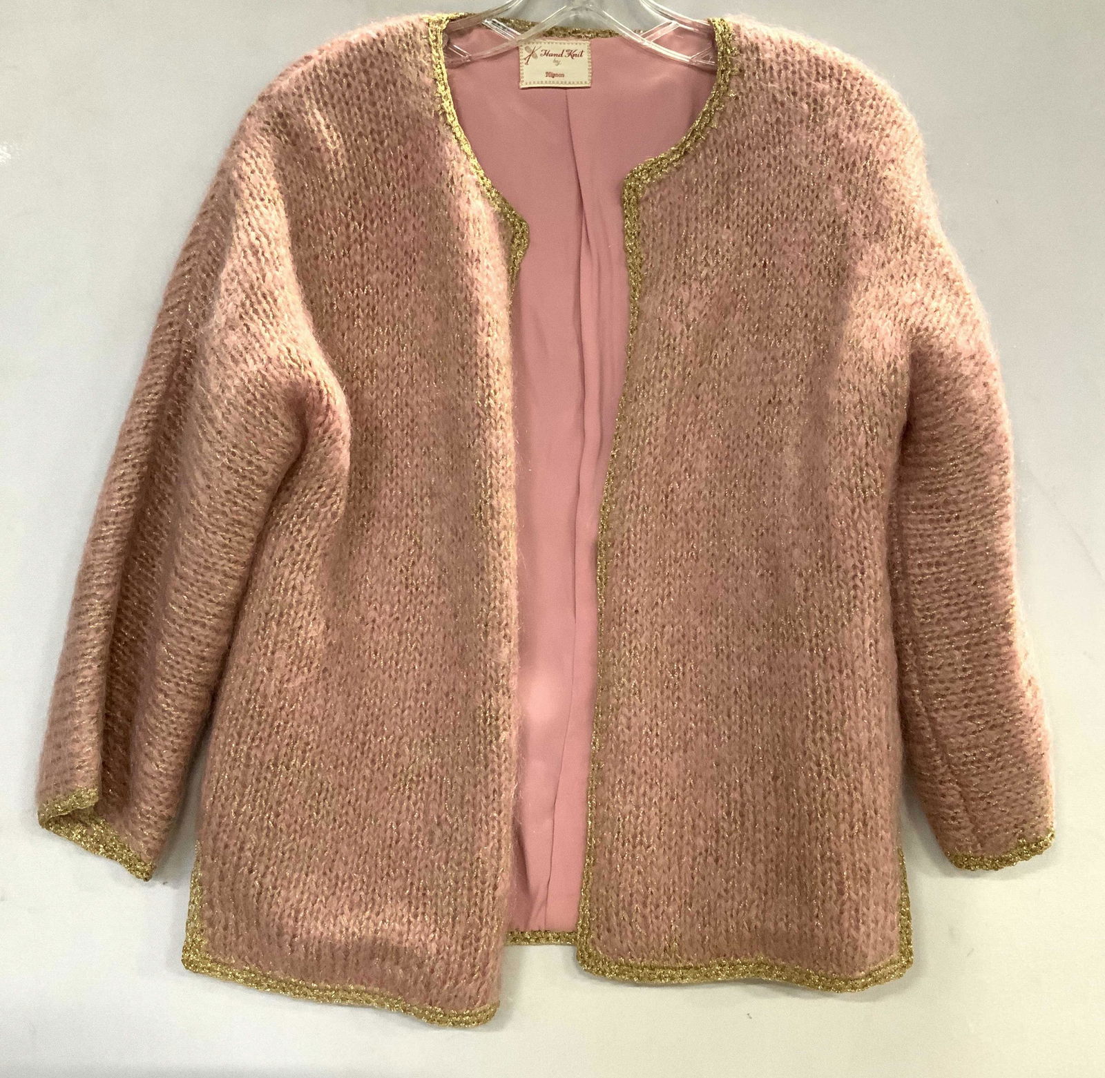 Vintage pink Knit Sweater Jacket: Fits size medium, gold trim, vintage sweater, jacket, wearable, property of New York City estate, label for hand knit. fashion accessories, ladies fashion, outerware, wearables