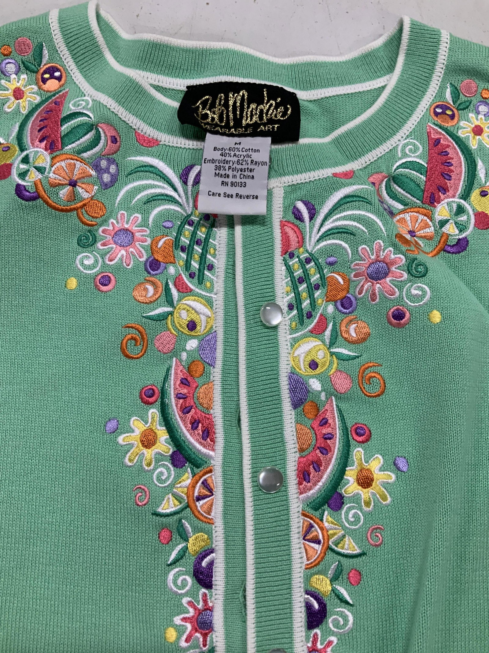 Bob Mackie Vintage Wearable Art Button up: Cotton sweater with elaborate embroidered design, possibly never worn, size medium, vintage fashion, designer fashion