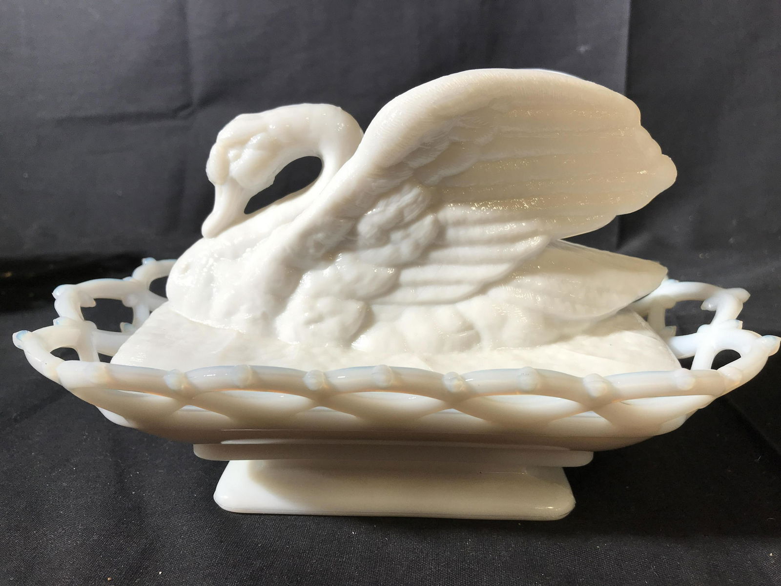 Milk Glass Winged Swan Form in Basket: Vintage possibly antique Swan in Openwork and weave form basket, underside marked AA, measures ht app 7 inches, length 10 inches, collectible Milk Glass Table Ware collectible tableware, pressed glass