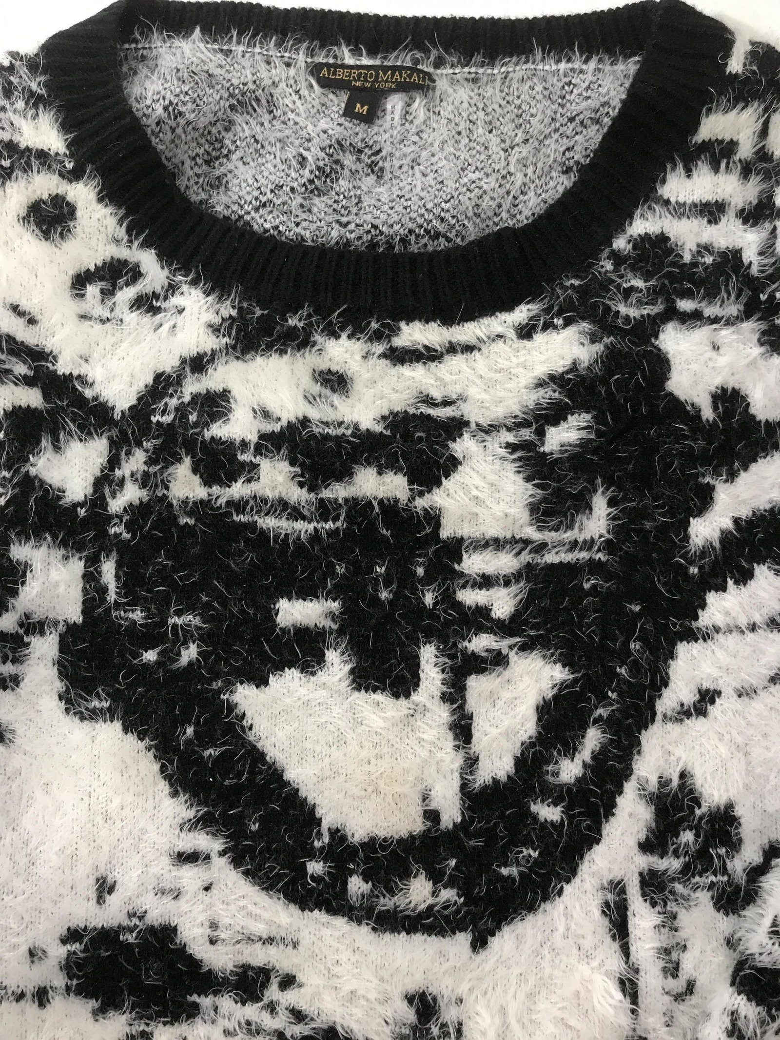 Alberto Makali Fuzzy Knit Sweater: Designer sweater, black and white pattern, fashion, wearable, fringed bottom, size medium,