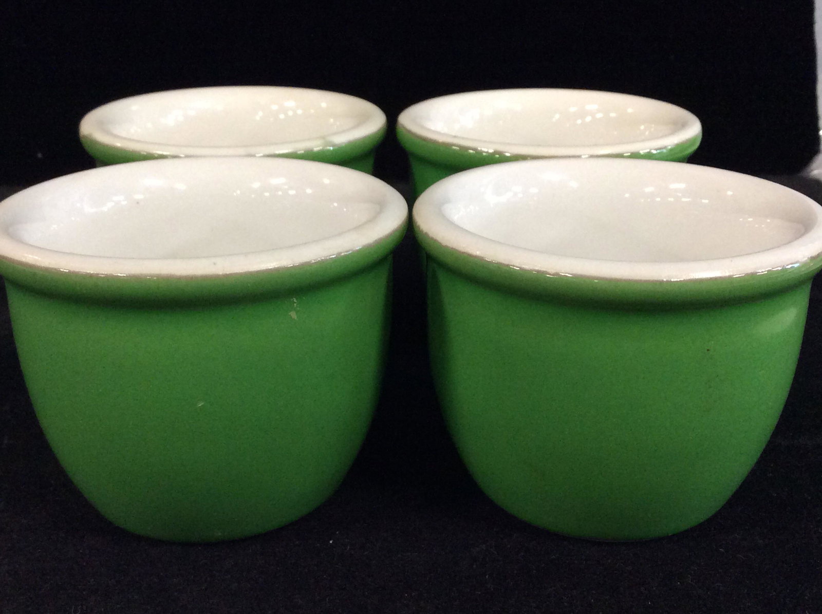 Set 4 HALL Ceramic Vases / planters: Green glazed Open top jars, 3 in. diameter, app 2 in. tall. Vintage Hall Jars, Condiment Jars, Kitchen Tabletop, Pottery, Ceramics, Seed Planters, Cook prep Bowls, Cooking Spice Bowls, Decorative Cera