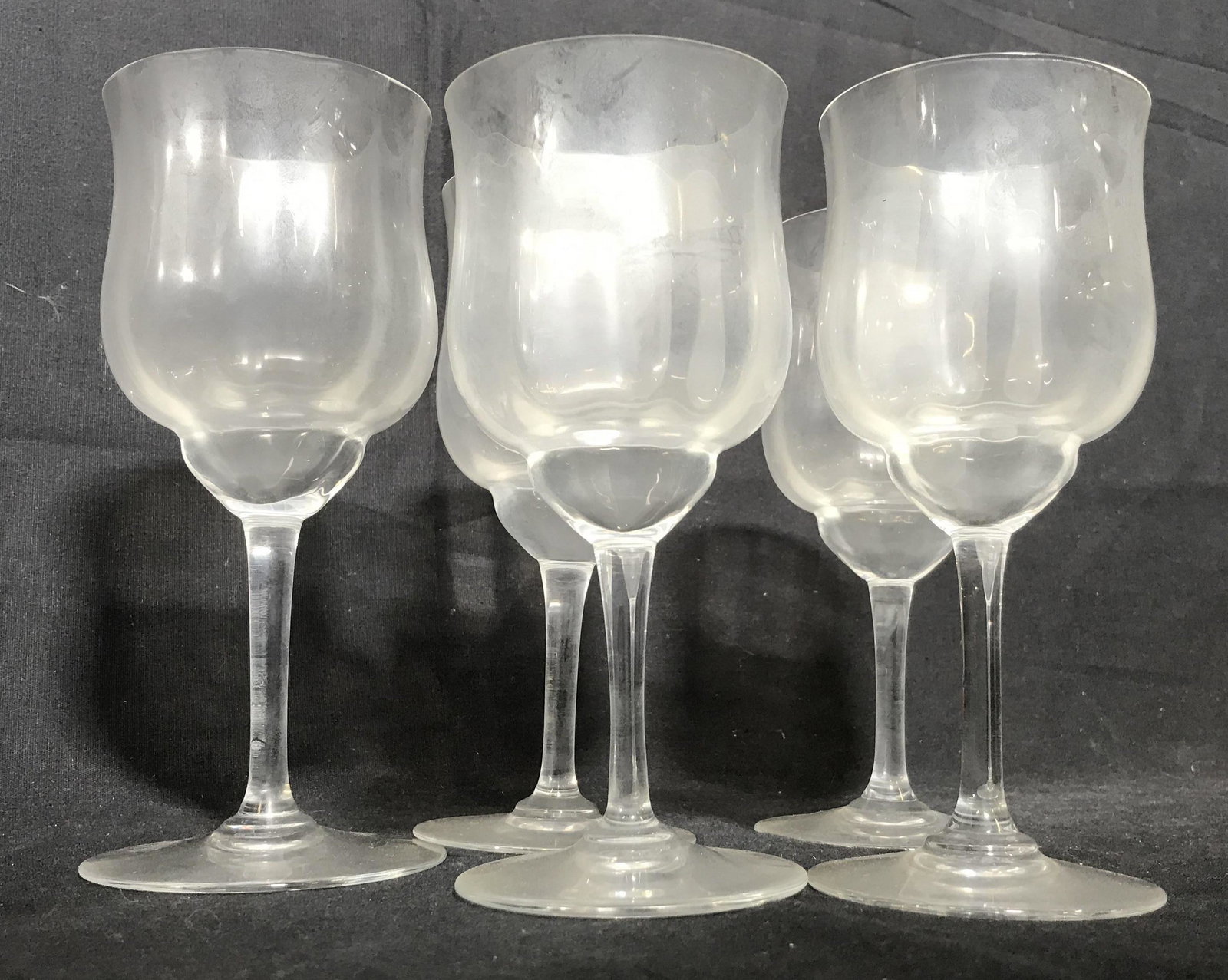 Set 5 Baccarat French Crystal Stemware: Partial set includes 4 matching wine glasses one water, stemware, crystal table ware, Baccarat, wine glasses, French crystal, tallest measures 7 inches, marked for Baccarat