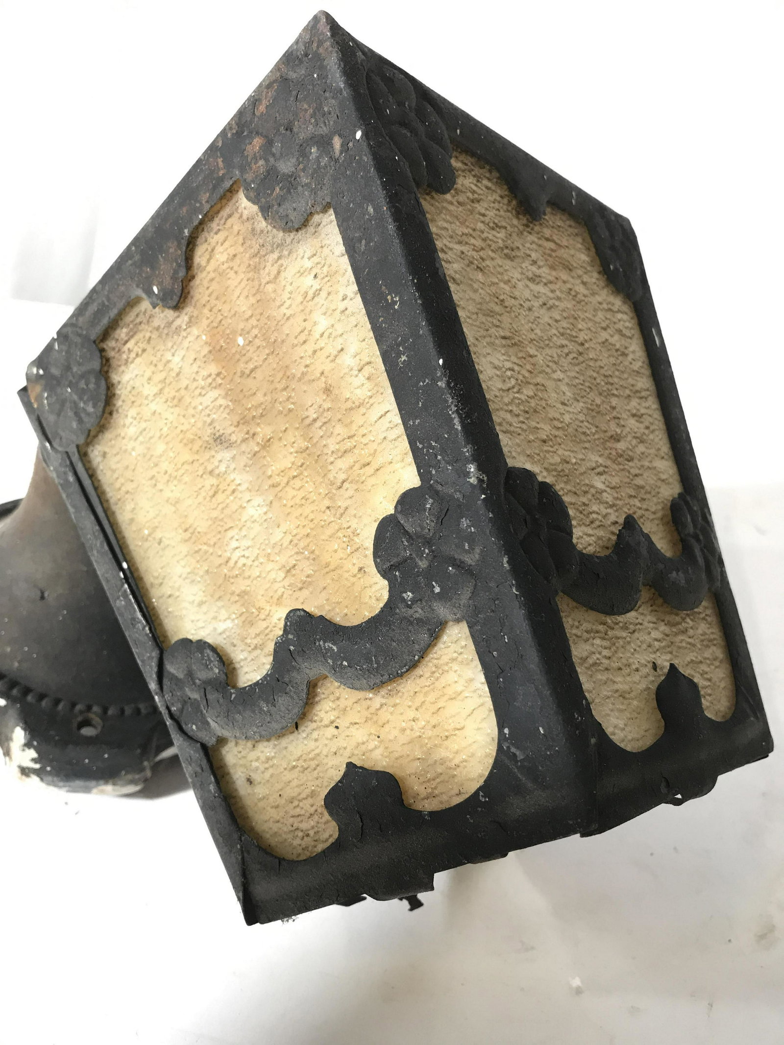 Antique Iron Metal Slag Glass Lantern: Arts and Crafts ceiling fixture, vintage possibly antique, needs wiring, antique condition, measures ht app 11 inches