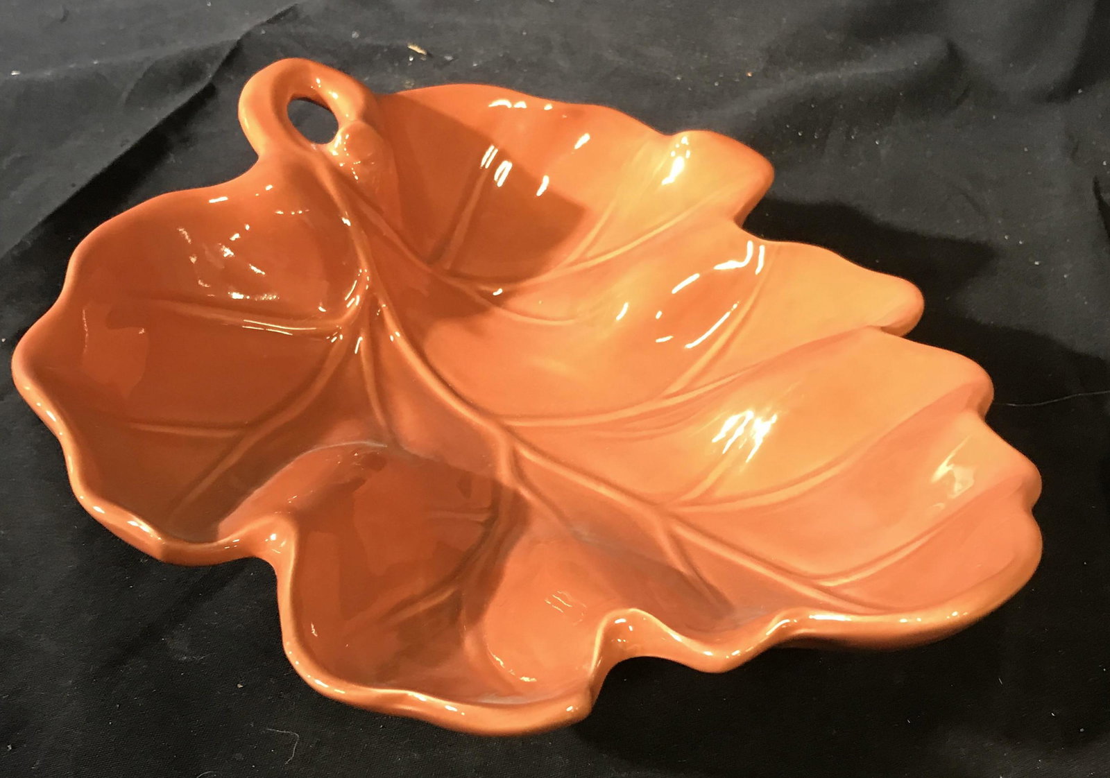 Ceramic leaf serving platter new: New old stock from west Hester ceramic store, glazed coral toned leaf tableware, decorative table top measures app 4 inches ht 12 inches length