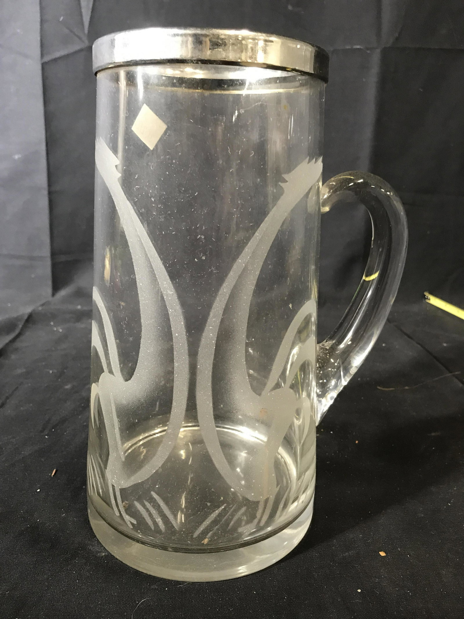 Bird Design Chrome Glass Vintage Pitcher: Pitcher, vase, vessel, tableware, Art Deco style chrome trim, two bird as design, ht app 10 inches