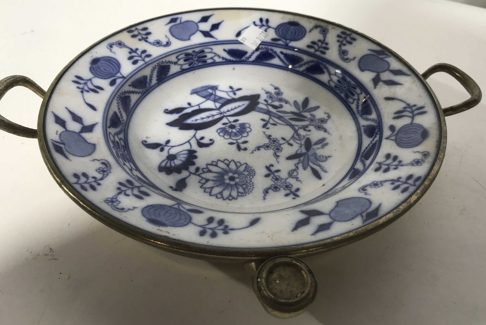 Blue White Porcelain With Silver Plate Surround: Vintage tableware, porcelain and silver plate, diameter app 12.5 inches, ht app 2 inches
