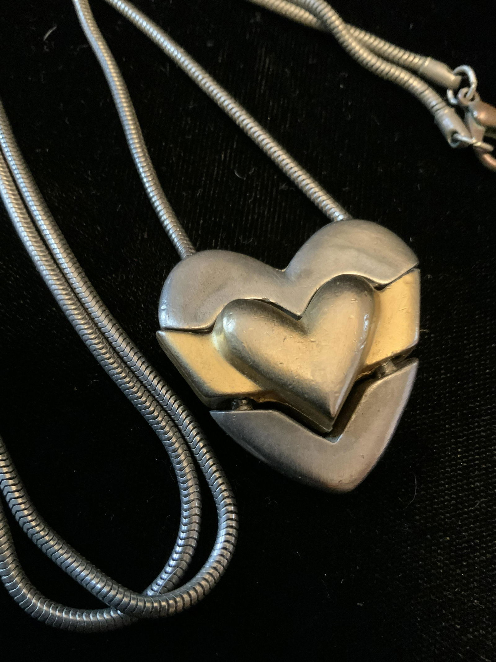 Heavy Wt 2 Toned Puzzle Necklace: Heart form pendant that separates into three pieces, vintage jewelry, estate jewelry heart measures app 1.75 inches square