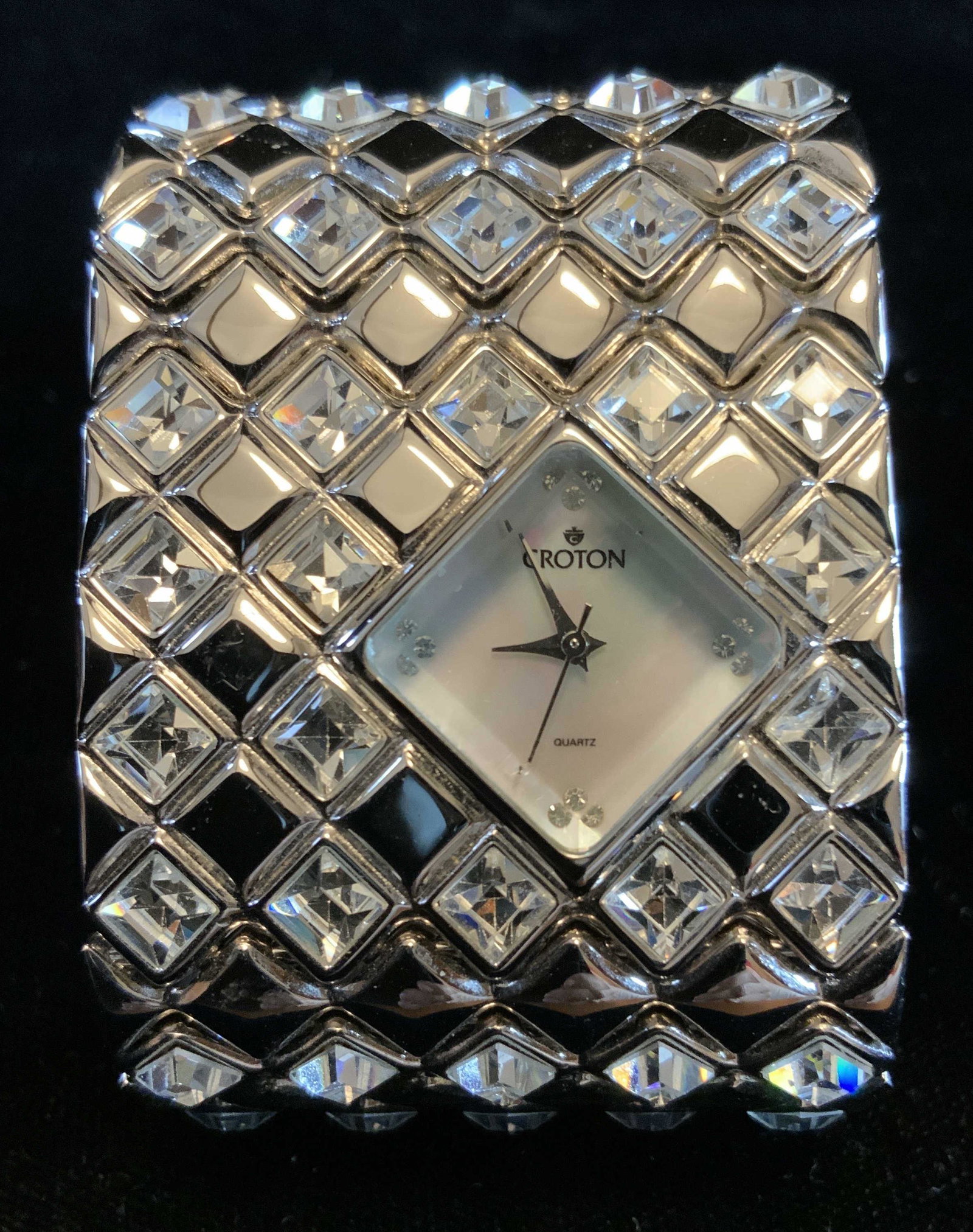 Rhodium Plated CROTON Wristwatch: Wide fashion band measures 2 inches, labeled on back for Japan, croton, Rhodium Plated, length app 7.5 inches jewelry, estate jewelry, ladies wearable fashion accessories