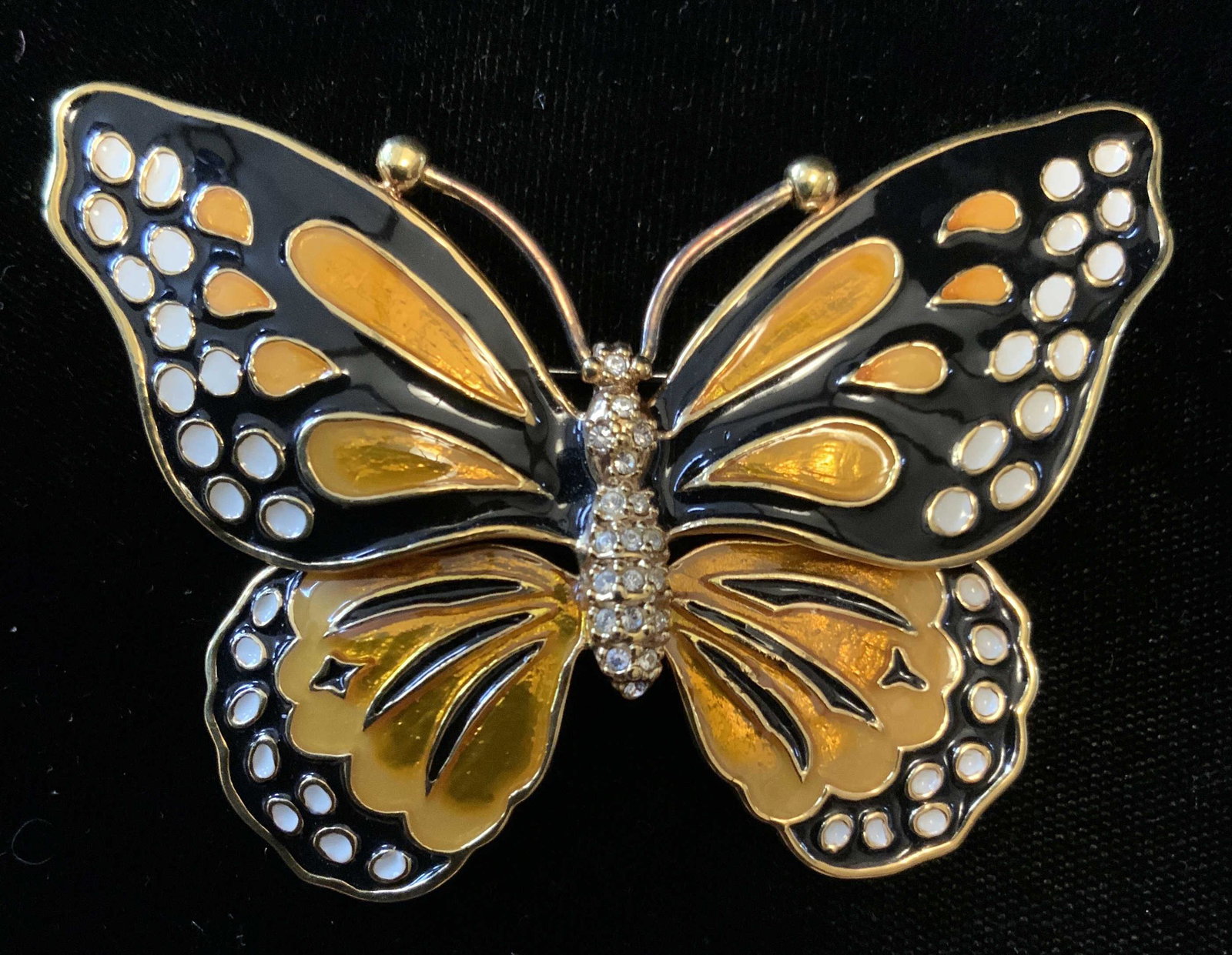 KJL Enameled Bejeweled Butterfly Pin: Kenneth jay lane designer costume jewelry, statement monarch butterfly brooch, pin, jewelry, fashion accessory, estate jewelry, measures app width app 3 inches ht app 2.5 inches