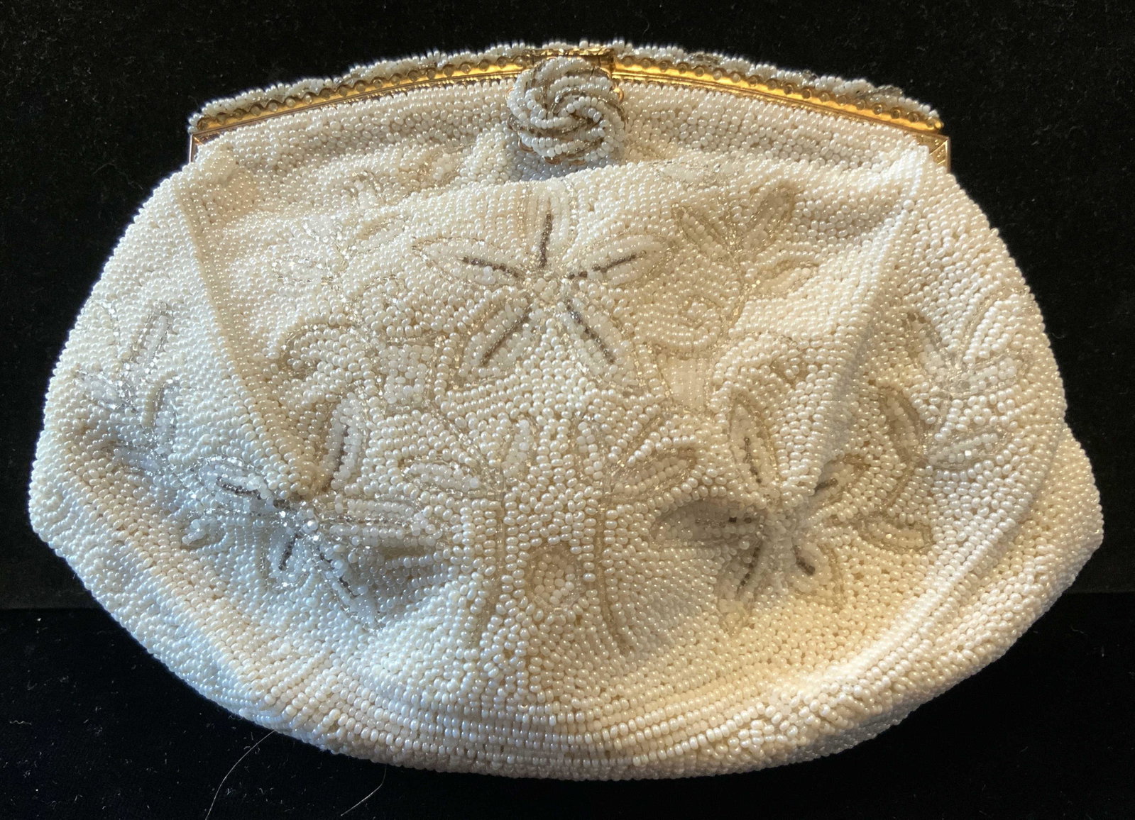 Hand made French Beaded Purse: Hand made in France by WALBORG, micro beaded Clutch, purse evening bag, vintage fashion accessory, good condition, rosette beaded clasp, silk lining and silk insert change purse, property of Manhattan
