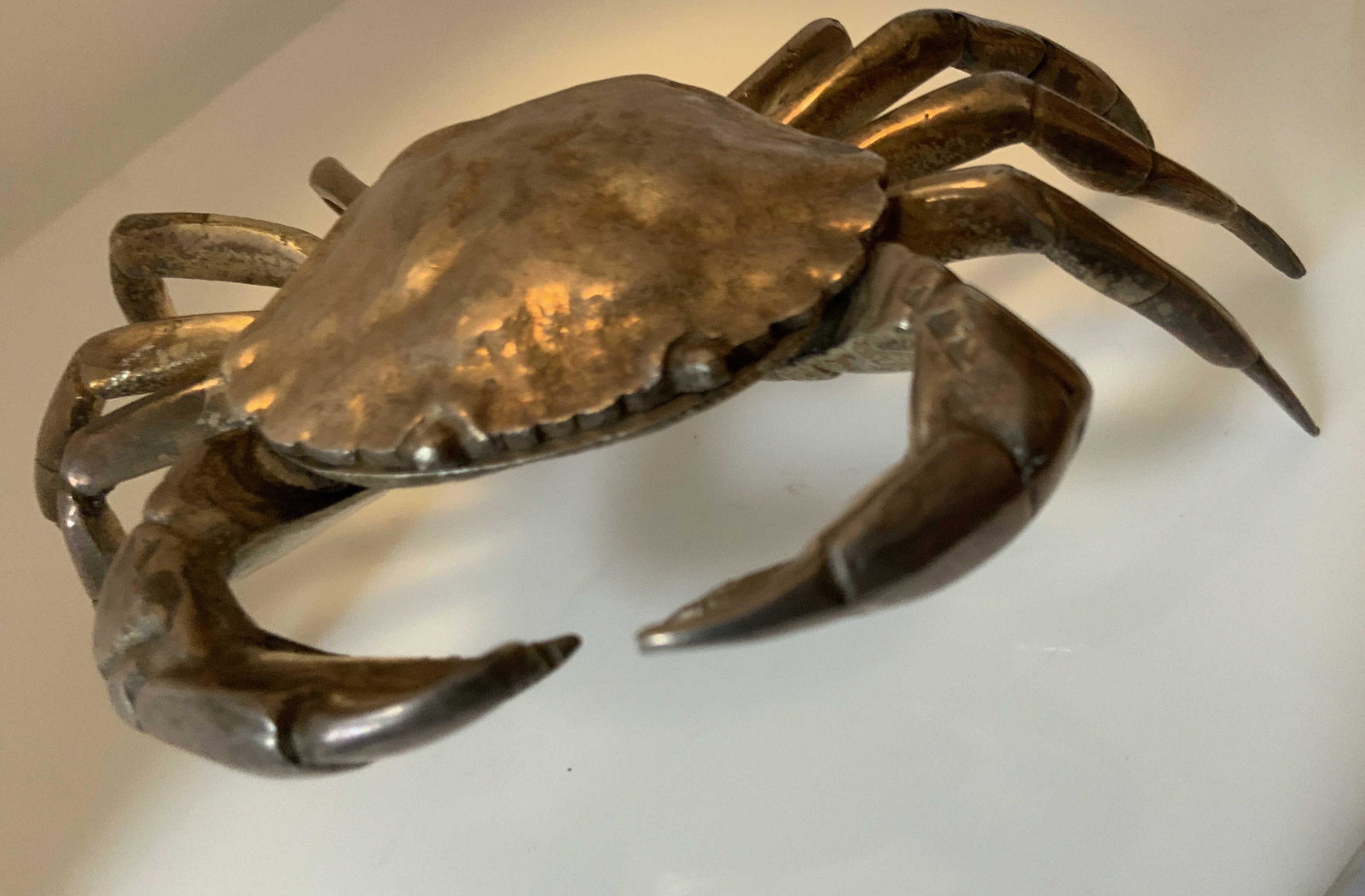 Antique Heavy Silver Toned Metal Crab Box: Multiple trade marks on underside and claw of crab, intricately hand worked metal forms standing crab trinket box, collectible, table ware, desk top collectible, hinged lid needs re attachment, crab m