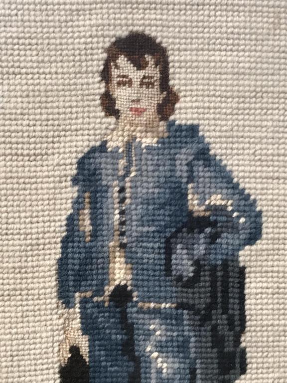 Pair Antique Needlepoints W Figural Motifs: Pair of antique needlepoint petitpoint artworks with Figural motifs, including representation of Blue Boy by Thomas Gainsborough, possibly French in origin. Needlepoint are set behind glass in matchin