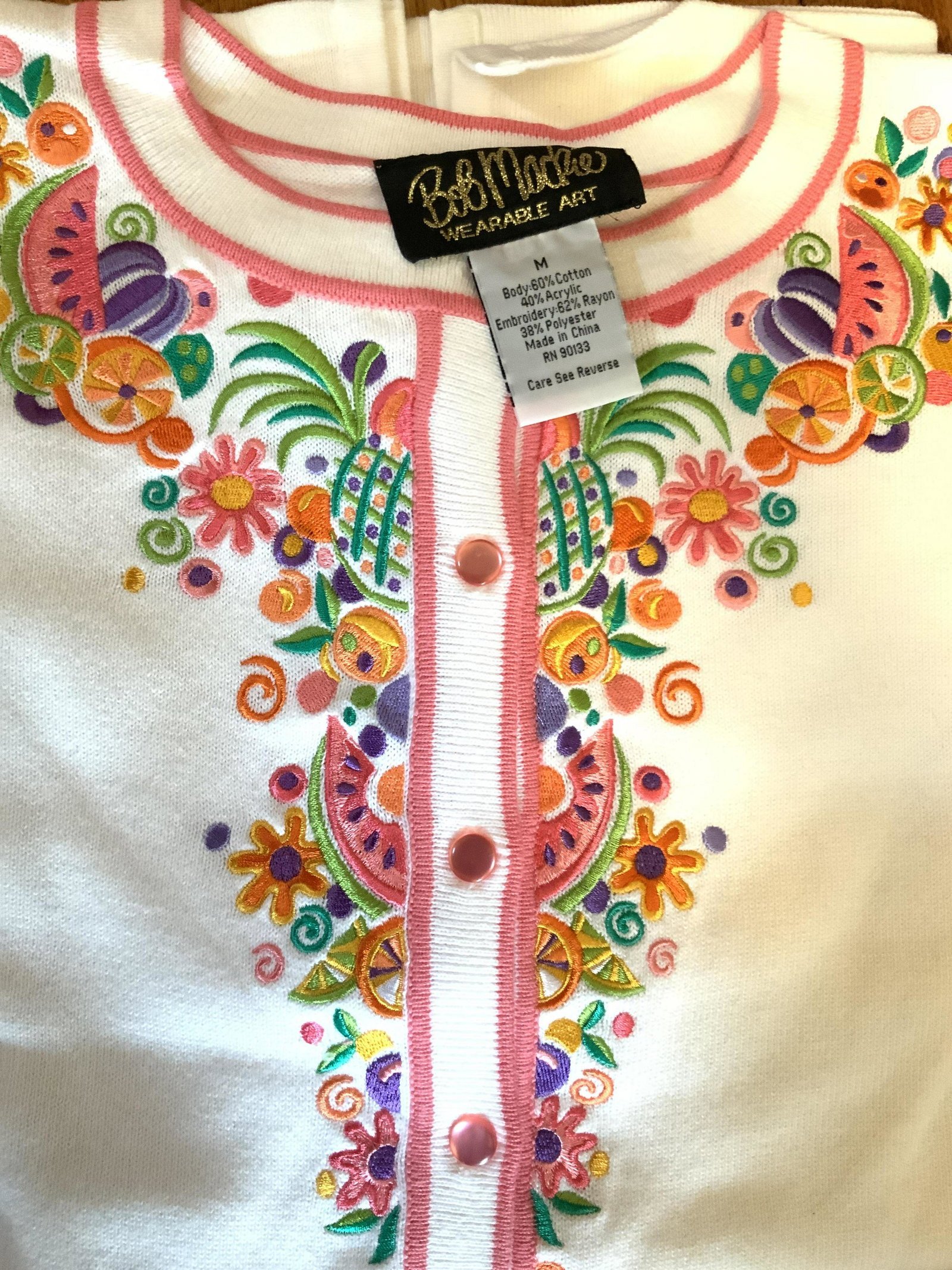 Bob Mackie Wearable Art Sweater: Never worn vintage Bob Mackie Designer Sweater, button up with embroidered design , label for Bob Mackie Wearable size medium pink pearlescent buttons, fashion, ladies designer fashion and wearables