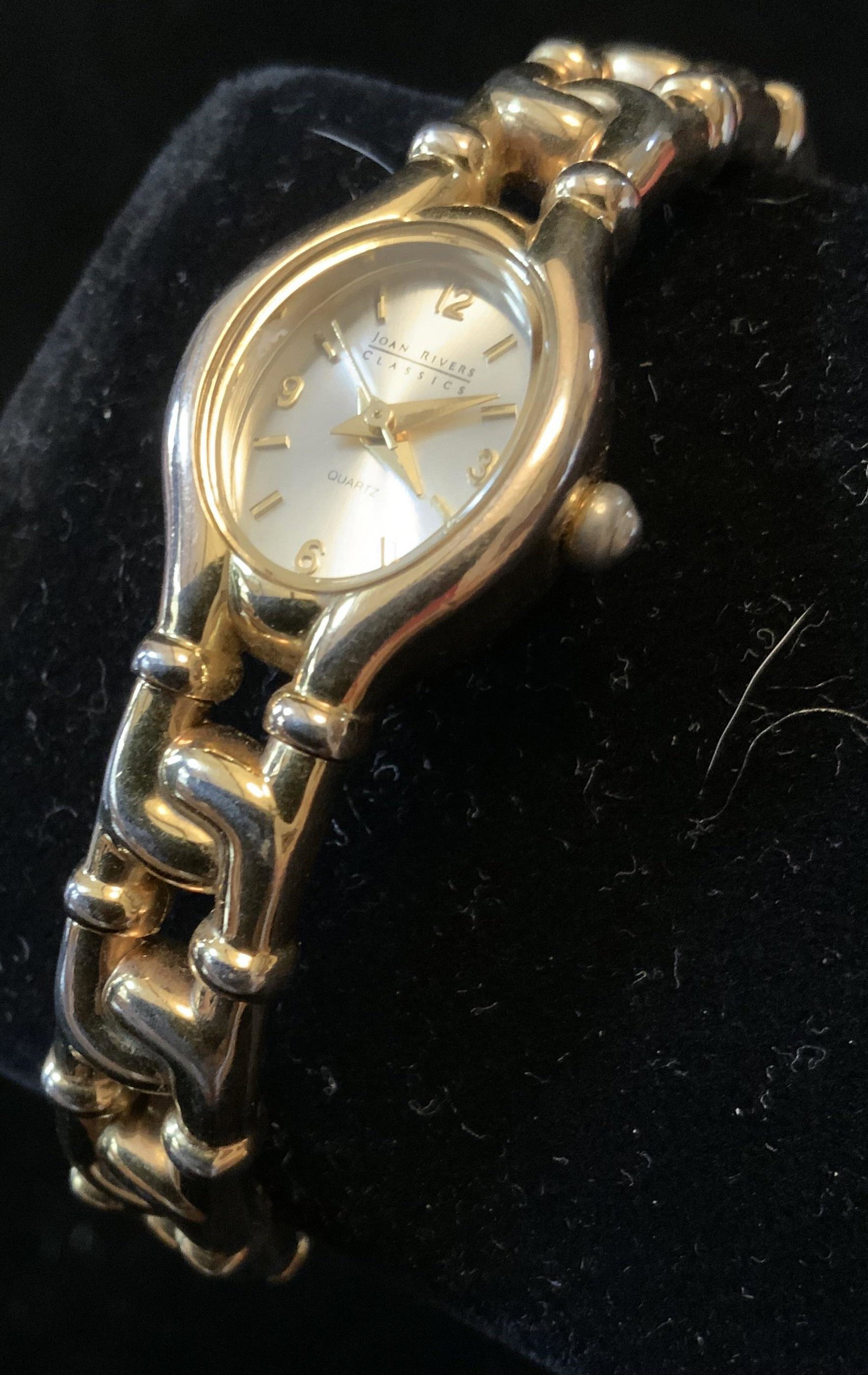 Joan Rivers Bracelet Watch: Gold toned cuff bracelet with Pearlescent faced watch, fashion jewelry, estate jewelry, Costume jewelry, diameter app 2.5 inches