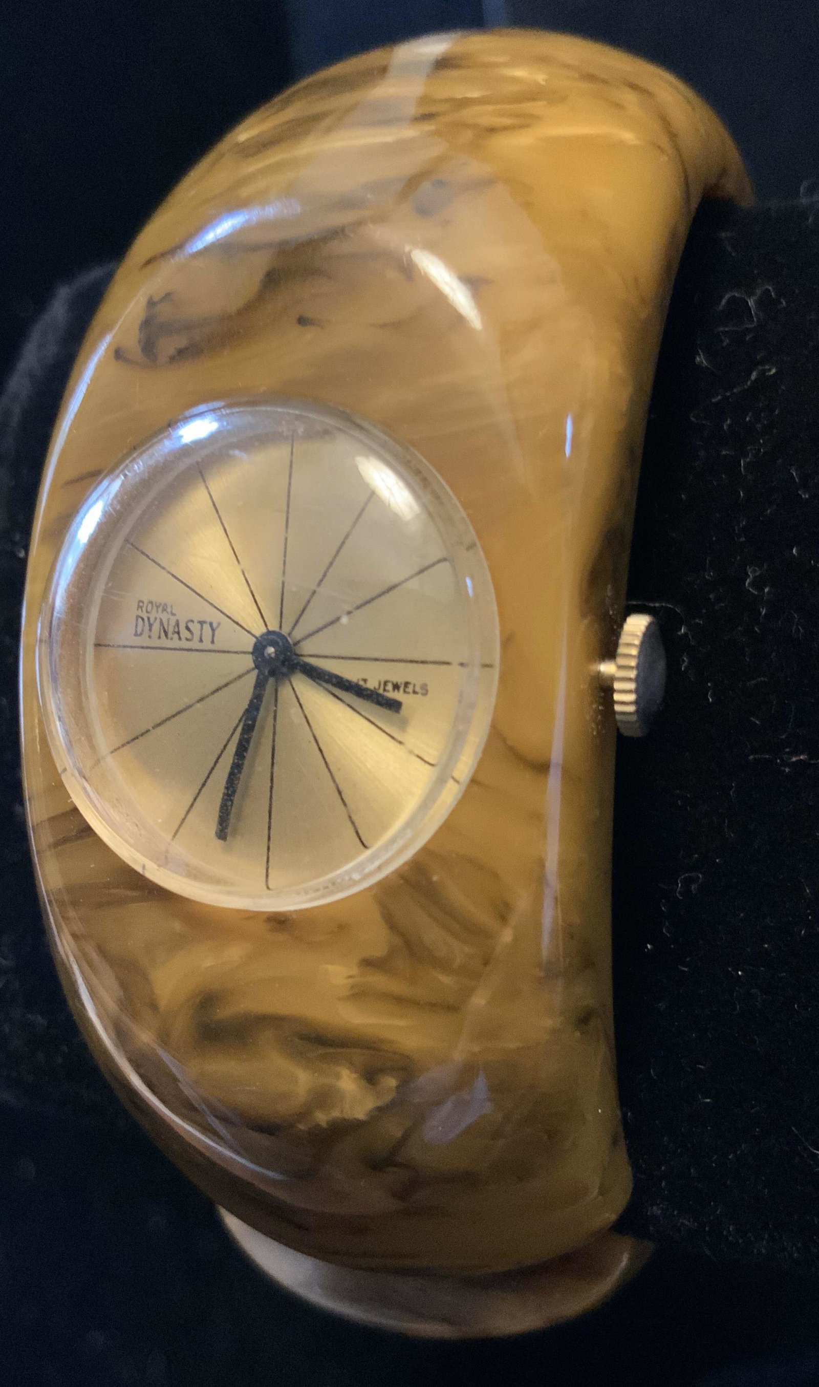 Vintage Bakelite Cuff Watch: Bracelet watch marbelized Bakelite with watch face reads royal Dynasty, estate jewelry, vintage jewelry,