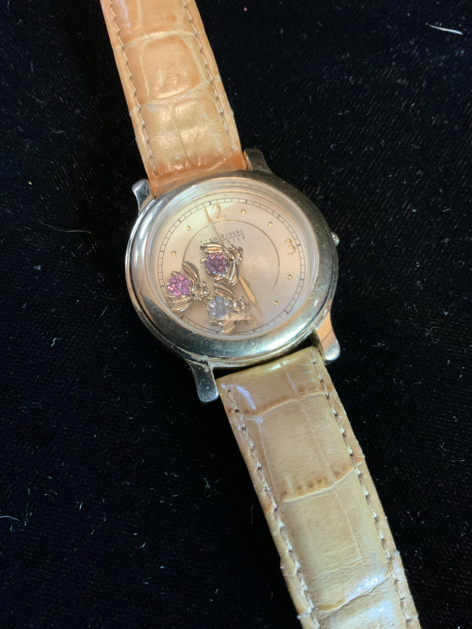 Joan Rivers Watch w Moving Bee Jewels: Leather banded vintage watch round face has three jeweled bees that move around inside face, face measures diameter app 1.25 inches watch band length 9 inches fashion accessories, fashion jewelry and 