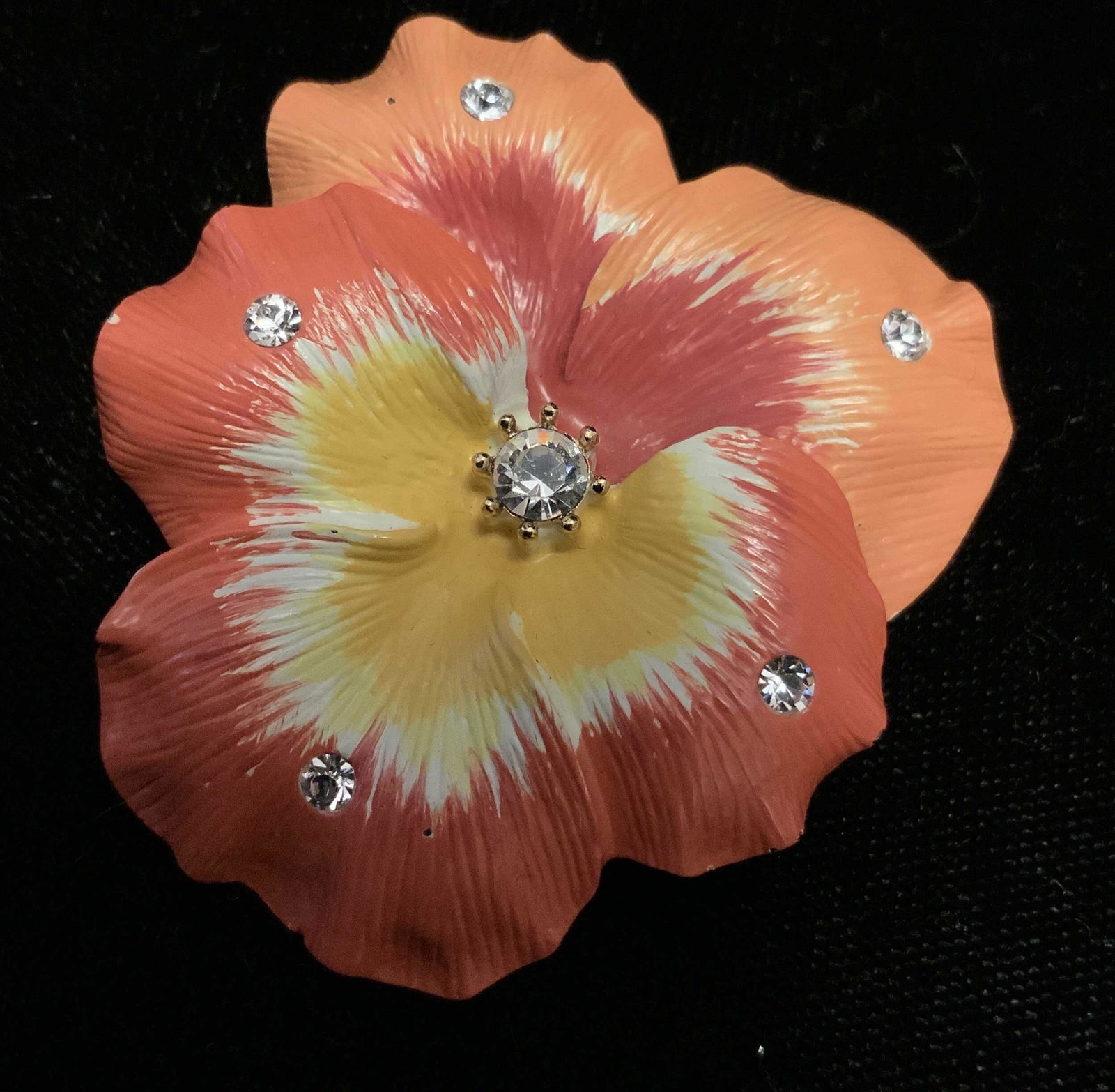 Nolan Miller Pansy Brooch: Gold toned enamel designer costume jewelry, vintage jewelry, estate jewelry measures app 2 inches square, brooch, pin