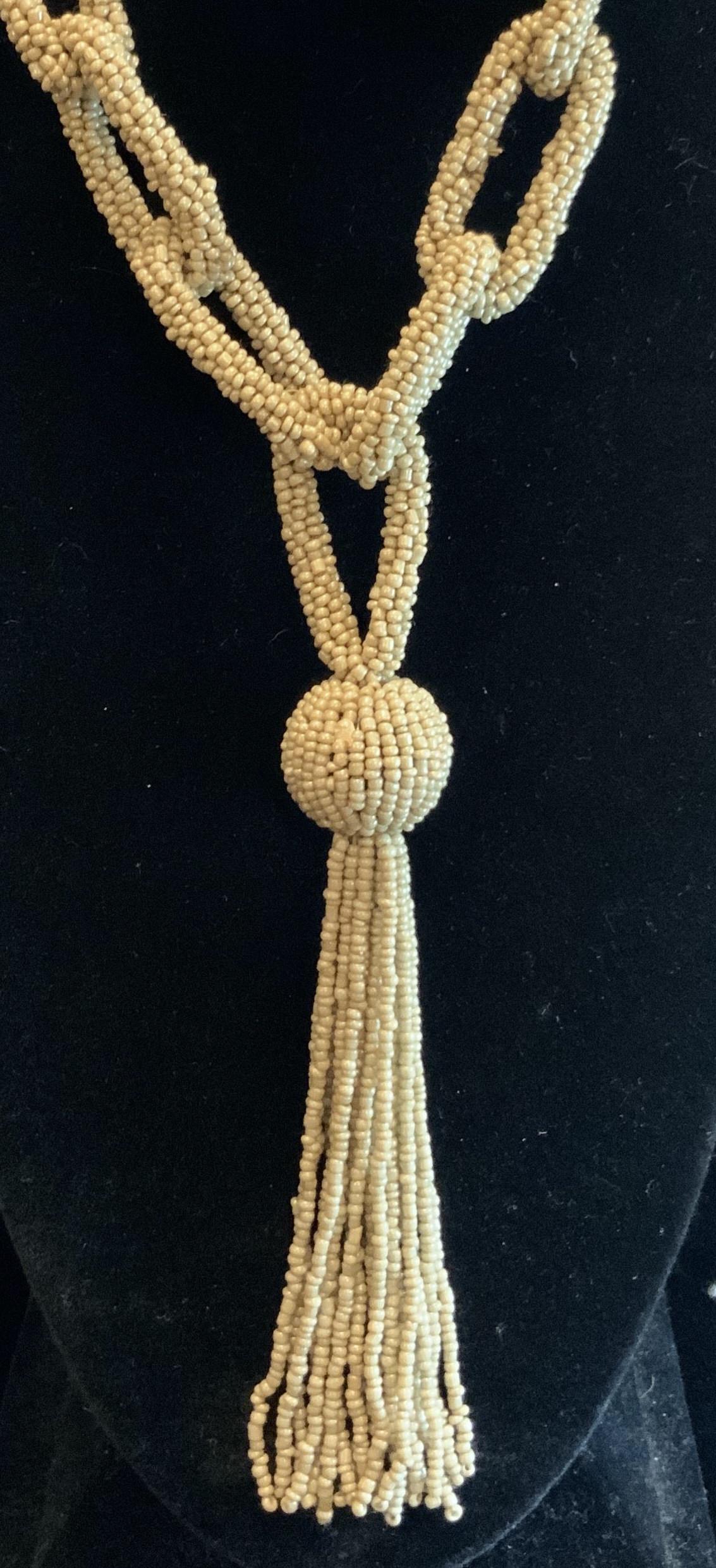 Taupe Micro Bead Tassel Necklace, Jewelry: Estate jewelry Tassel necklace, beige micro bead strands intertwined to ball and tassel pendant , measures length to drop app 22 inches jewelry, ladies fashion accessories and wearables.