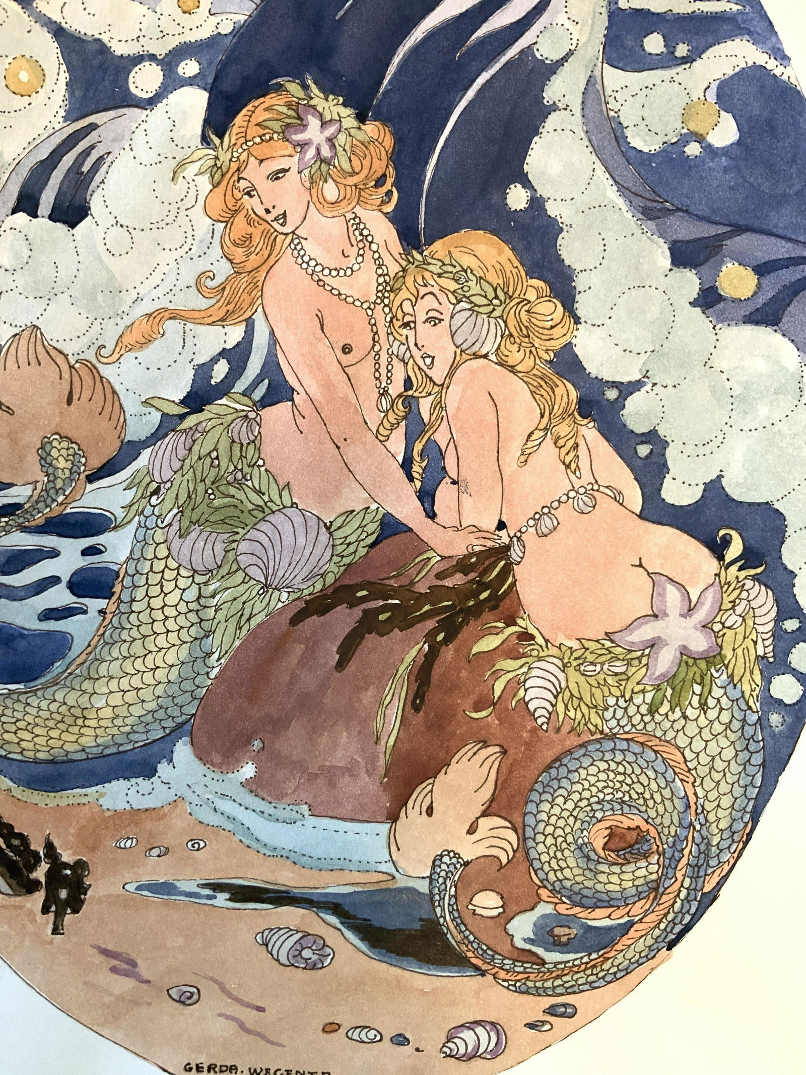 Signed Water Color Mermaids Paper, after Gerda Wegener: Water color depicts mermaids, sirens, partial nudes on rocks at sea side, signed Gerda.Wegener.Arca C Mon 1918, on verso two stamps, one reads Galerie Mathias Fels & C, 138 Boul. Haussmann . Paris VII