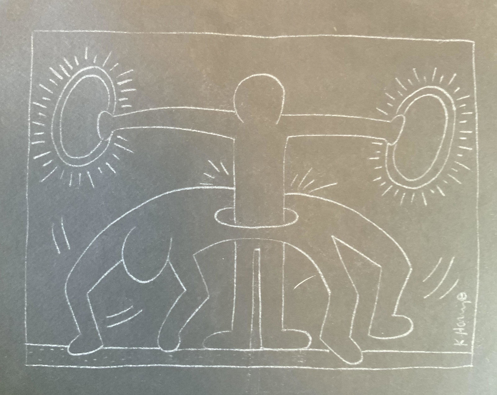 Signed Illustration on Paper, after Keith Haring: Signed White image possibly graphite on black paper, unframed measures 9.5 by 11.5 inches, multiple stamps on label affixed verso, read Dark West Galleries, home office and gallery, 24151 Telegraph Ro