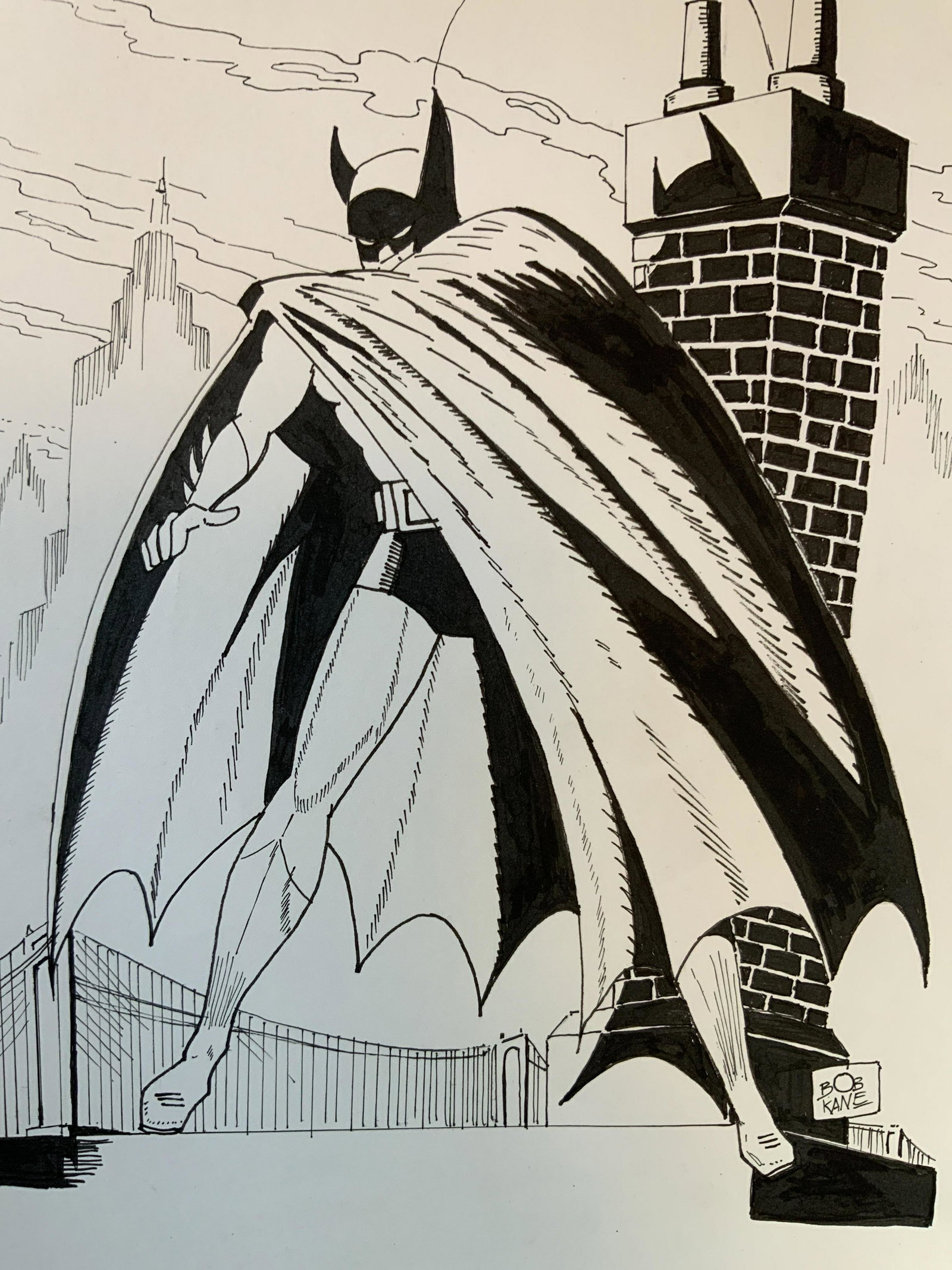 Signed Batman Illustration on Paper after Bob Kane: Possibly ink and Water Color comic book illustration on paper of Batman. Unframed measures app 11.5 by 8.5 inches, signed, attributed to Bob Kane, in the style of Bob Kane some discoloration to paper 