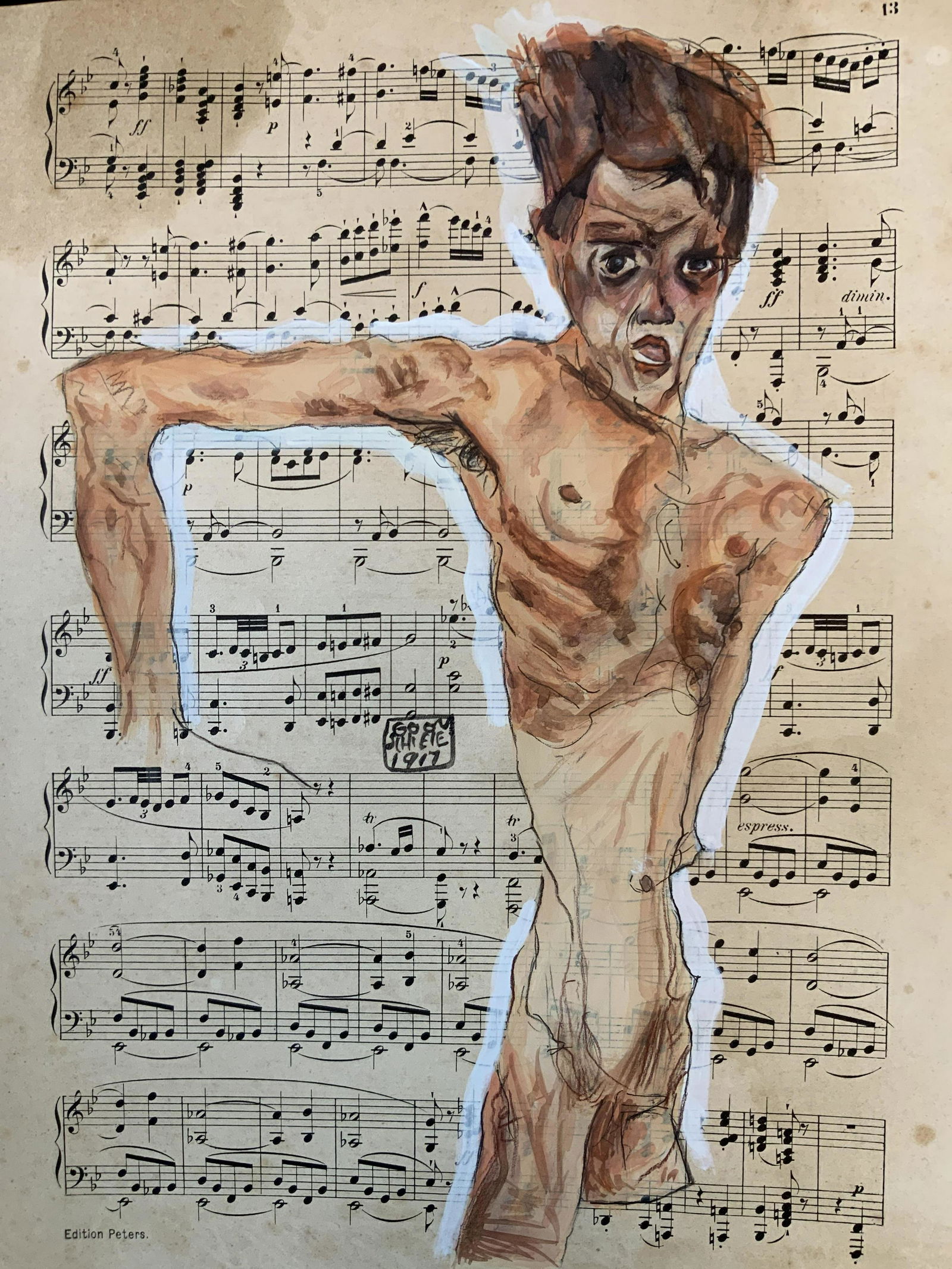 Signed After EGON SCHIELE Water color /sheet music: 1917 dated work on paper, possibly ink and water color on sheet music, piece measures app 12 by 9.5 inches, piece has significant foxing and discoloration, attributed to EGON SCHIELE, in the style of