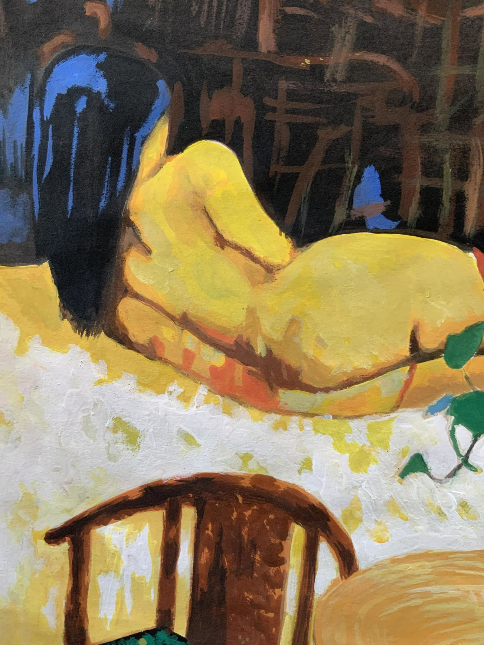 After Elizalde Navarro Gouache heavy Paper, nude: Reclining Nude female figure with still life in firebrand, pencil signed left side, measures 9.5 by 13.5 inches, some wear to edges of paper, discoloration and buckling, attributed to Elizalde Navarro