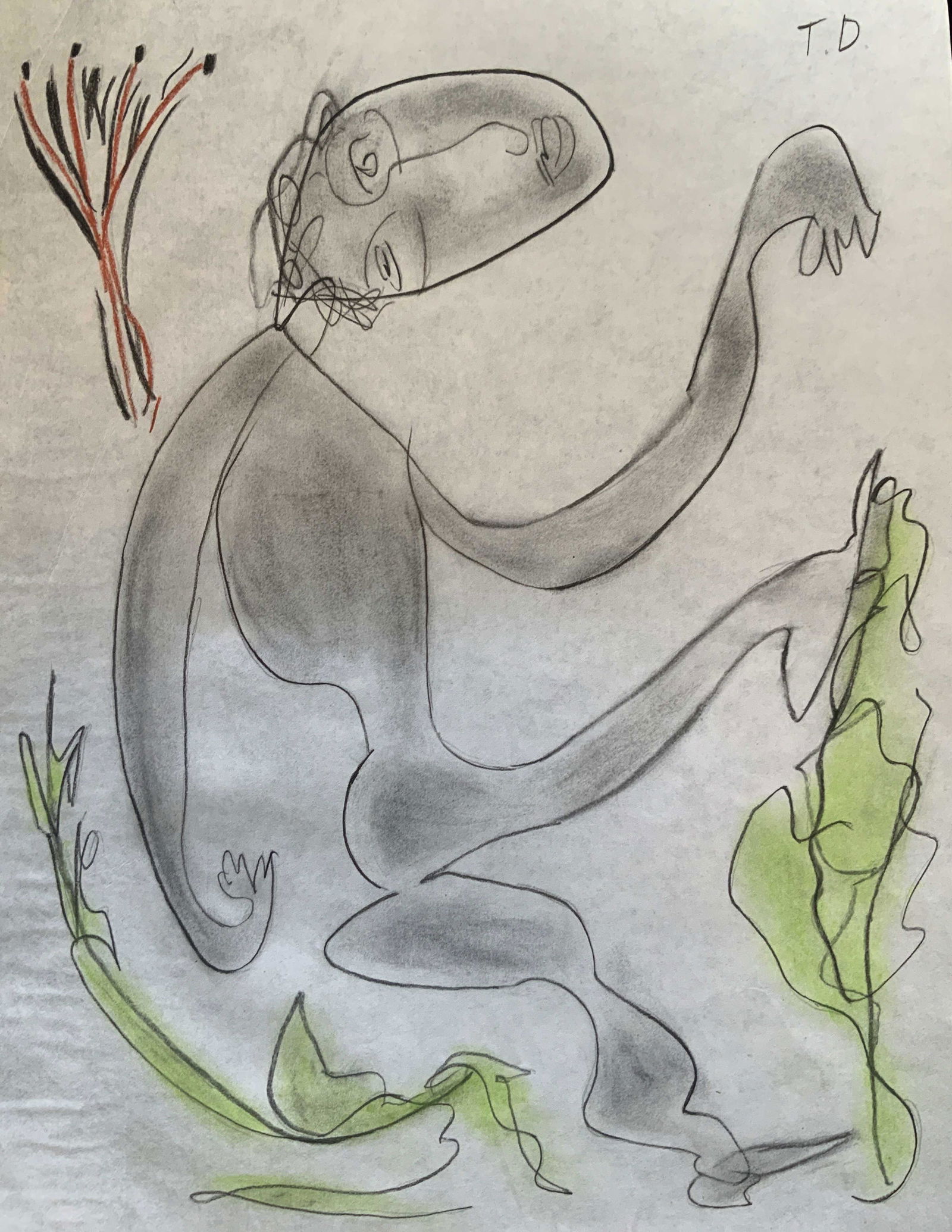 After Thornton Dial illustration on Paper: Possibly ink and pastel on paper of biomorphic form figure, pencil lines evident under ink, signed TD on front, attributed to Thornton Dial, in the style of Thornton Dial, paper unframed measures 10 b