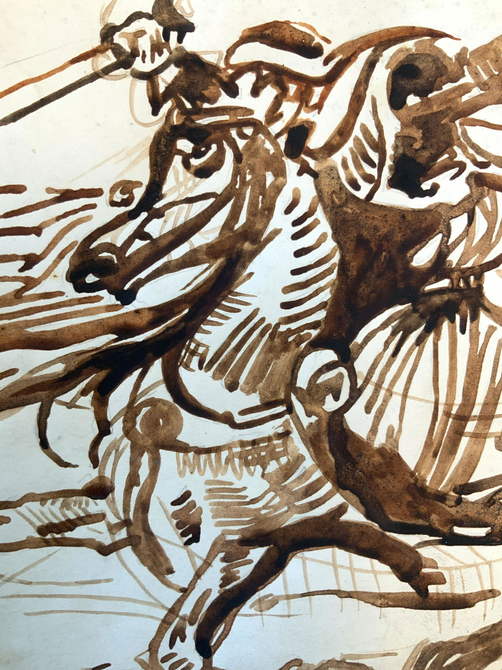 After Eugene Delacroix Illustration on paper: Illustration, study has charging knight on horseback, signed E.D. In red script , attributed to Eugene Delcroix, in the style of Eugene Delacroix, lots that do not carry established documented provena