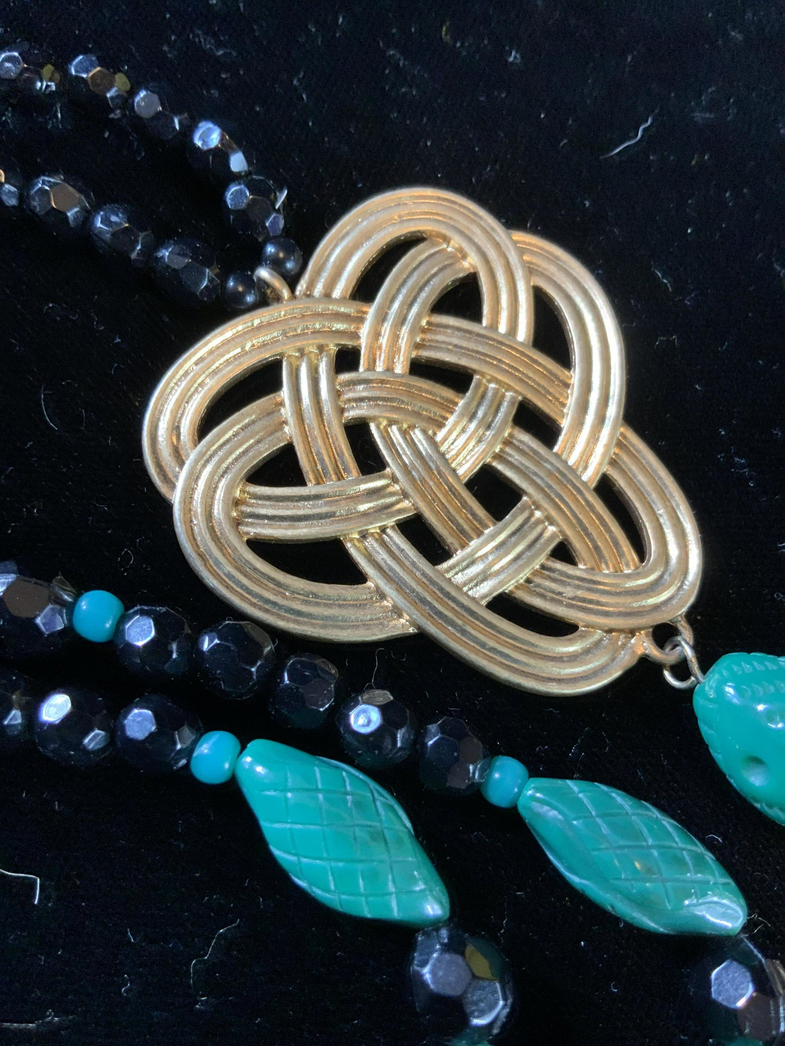 Green black Gold tone Crystal bead Necklace, TS: Signed T.S. Vintage necklace, trademark tag, pendant with gold toned chain tassel, to drop measures 20 inches, vintage jewelry, estate jewelry, fashion necklace