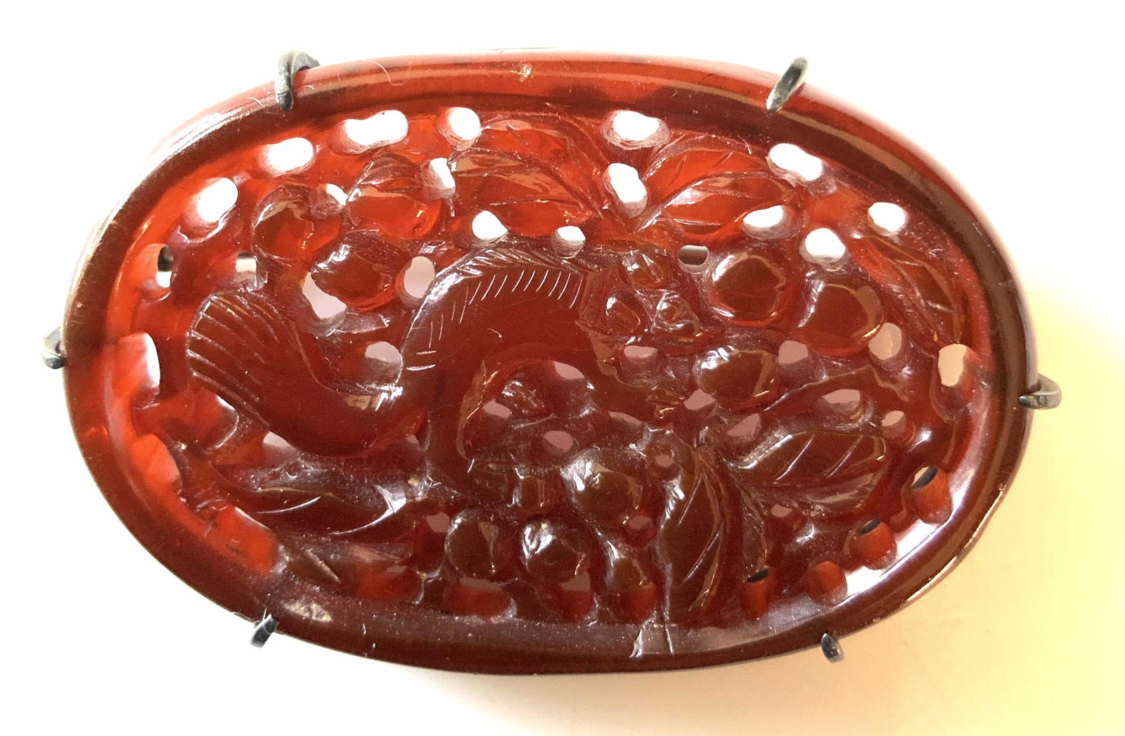 Asian Cinnabar Style Open Work Pin: Brooch, estate jewelry measures 2 inches, squirrel on tree branches design, estate jewelry