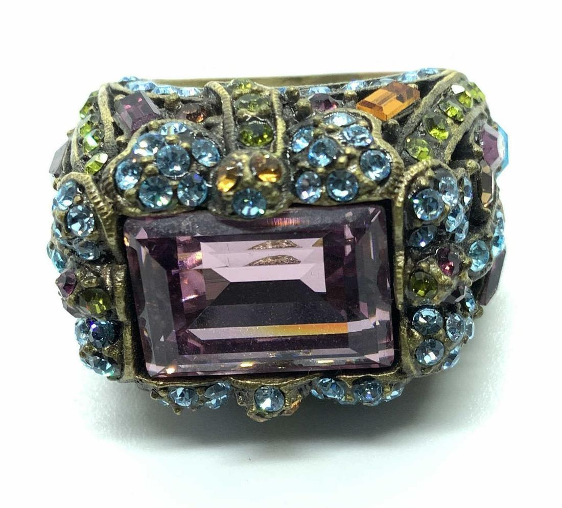 Heidi Daub Bejeweled Statement Ring: Multi colored crystal encrusted cocktail ring with center cabochon, detailed design of colorful crystals, width measures app 1 inch, estate jewelry, vintage jewelry, fashion designer jewelry,