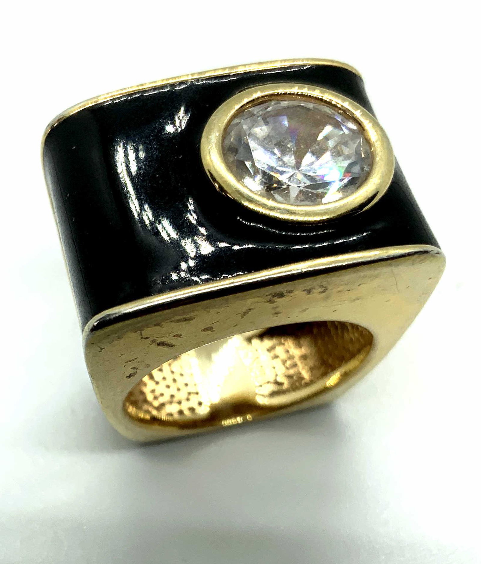 PAJ Signed Art Deco Ring: Gold toned black and faux diamond off center stone, Art Deco vintage cocktail ring, estate jewelry, measures ht to top of show part, app 1,25 by .75 width
