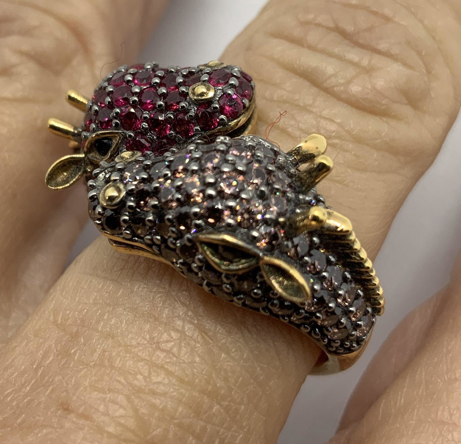 Sterling Silver Crystal Giraffe Ring: Gold plated sterling silver, vermeil ring, with CZ double Giraffe heads as show to ring, one with ruby toned CZ and one head with amber toned CZ, sparkly statement cocktail ring, estate jewelry, vinta