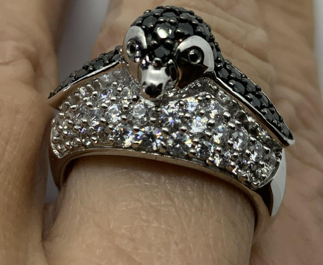 Sterling Silver Crystal Penguin Ring: Marked 925 for Sterling Silver band has bejeweled encrusted rhinestone penguin Figural, penguin measures app 1 by .5 inches, cocktail ring, vintage jewelry, estate jewelry, fashion sterling silver rin