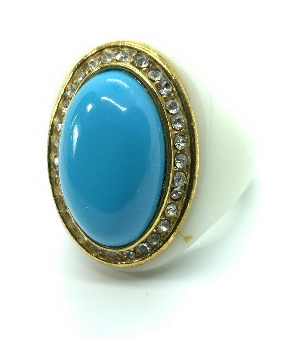 JR Signed White Aqua Gold Toned Ring: Cocktail ring statement ring, possibly Bakelite ring, estate jewelry, vintage jewelry, measures width app one inch