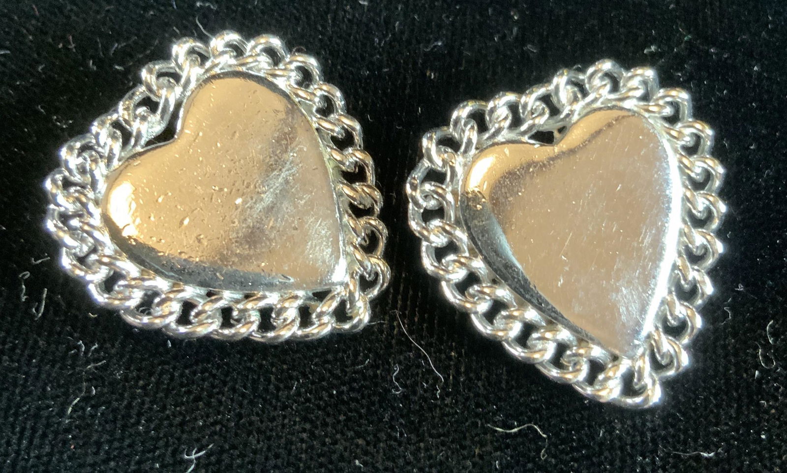 Pr CORO Silver Toned Heart Puns: Estate jewelry, vintage jewelry, pair of hearts, each measures app 1 inch square