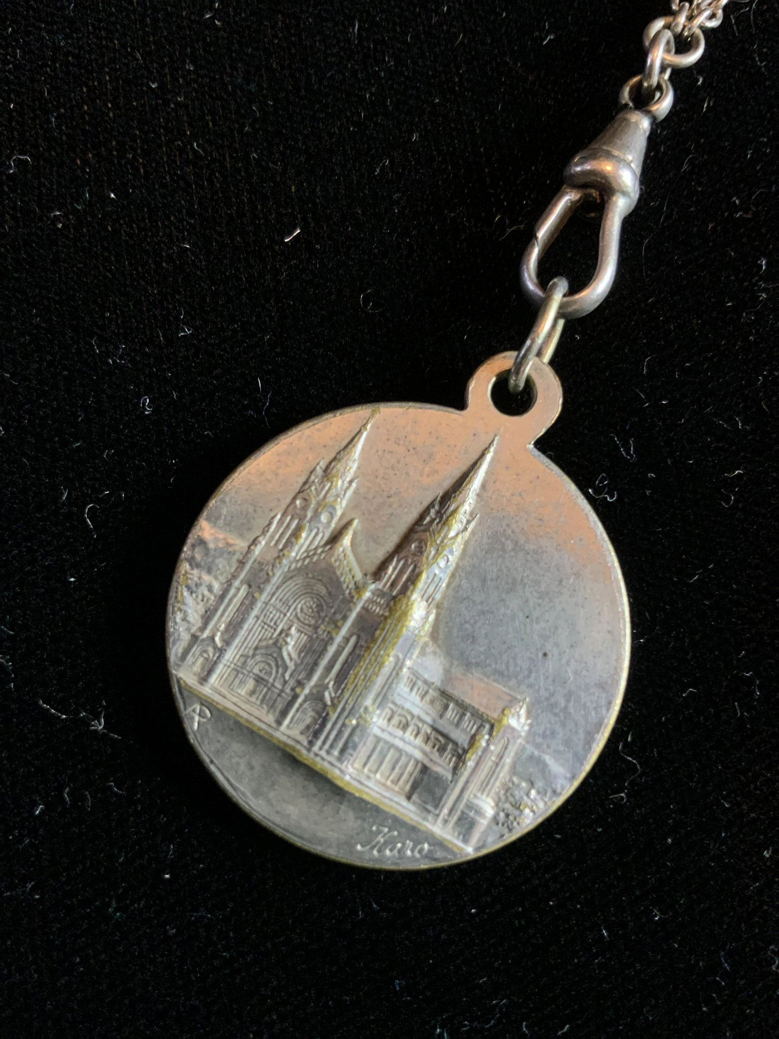 Saint Anne De Beaupre Medal on Chain: Signed Karo, Measures one inch diameter on silver toned chain drop length app 18 inches, religious pendant, vintage jewelry, estate jewelry