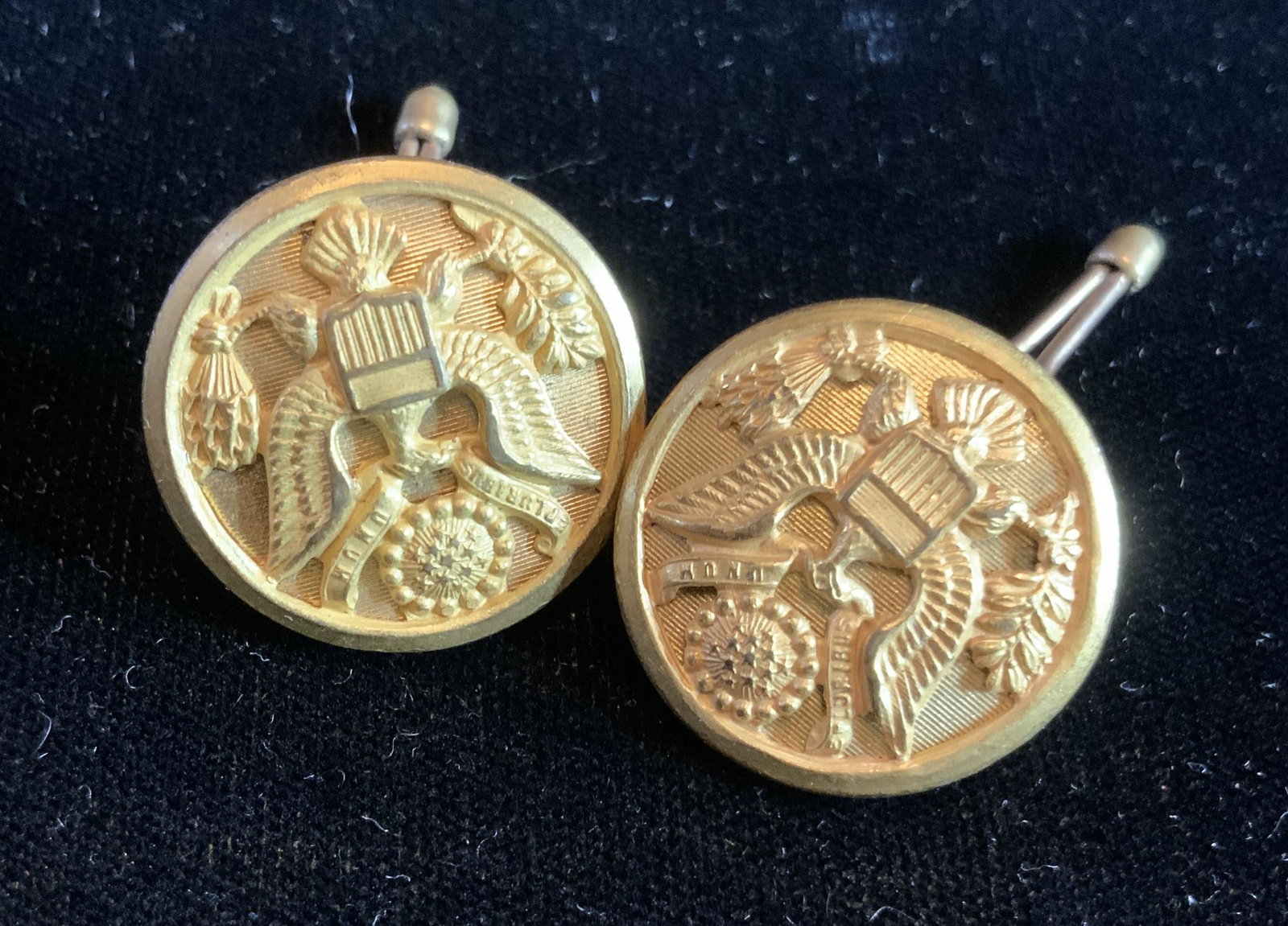 Pr Gold Toned Armorial Buttons: Marked on back Waterbury Conn button company, collectible vintage buttons, up cycle to earrings, jewelry, each measures diameter app one inch, fashion accessories