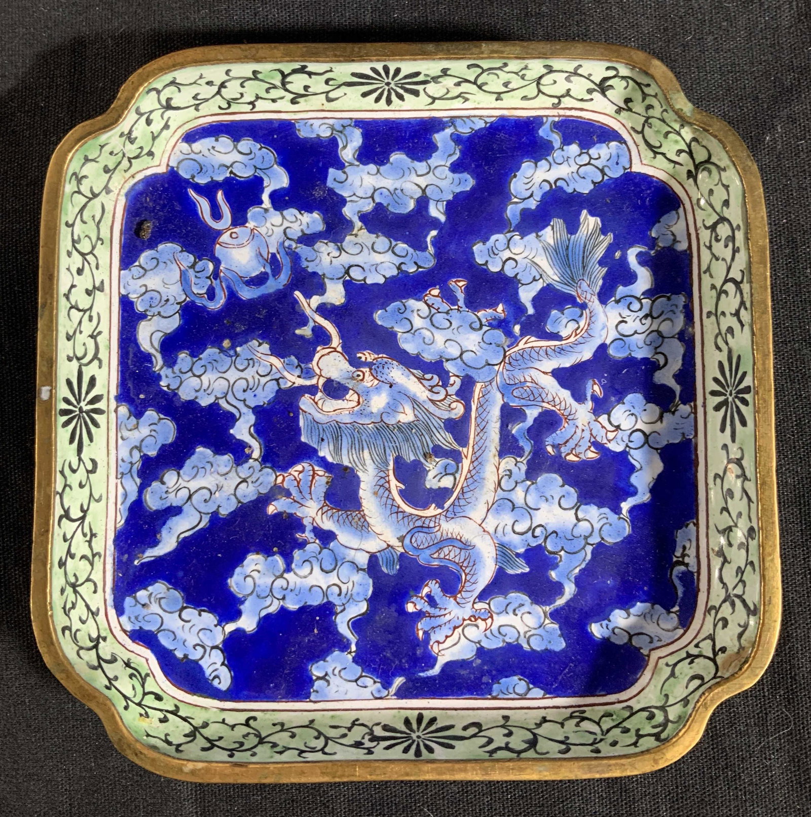 Antique Chinese Enameled Plate: With dragon design on rich blue background, chinoiserie, Asian decorative arts, orientalism orientalia, tableware, tabletop decorative accessories, measures app 4.5 inches square