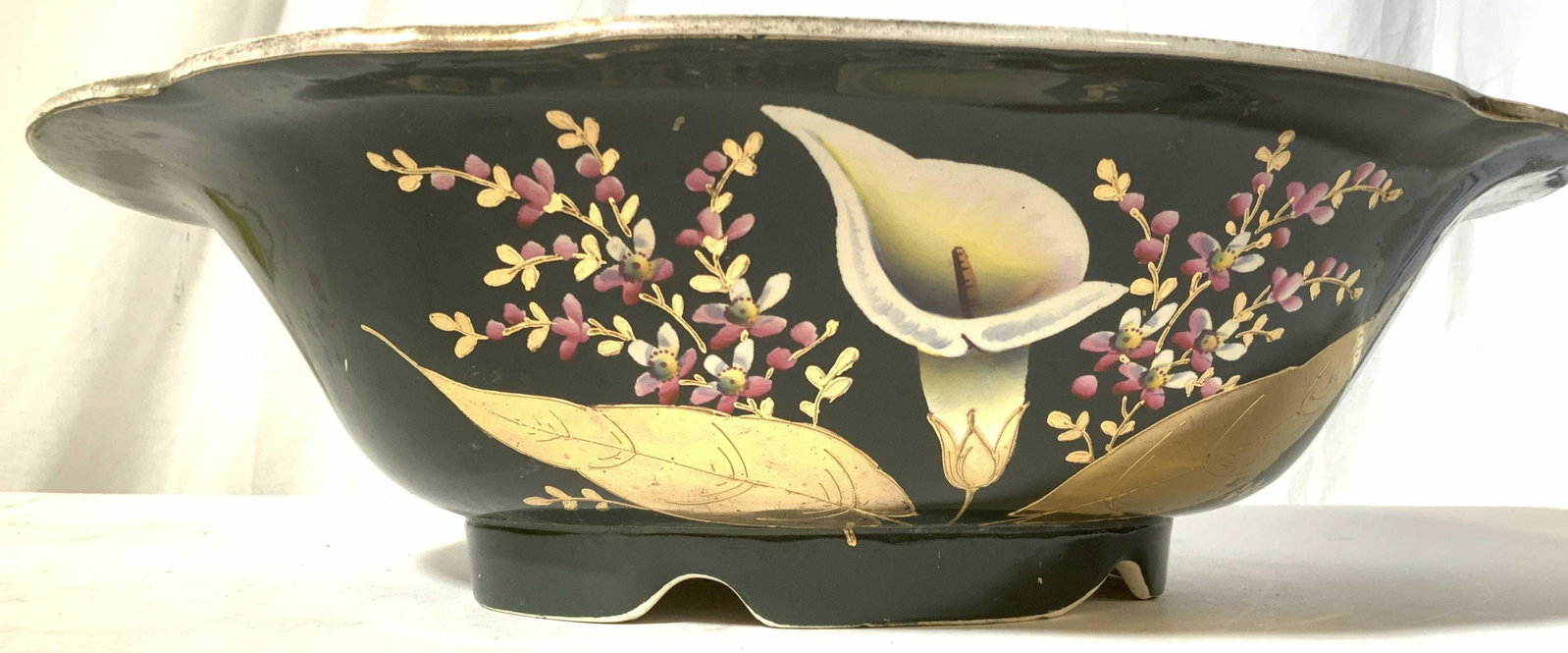 Vintage Painted Porcelain Centerpiece Bowl: Hand painted and gilded porcelain bowl, platter, centerpiece bowl, vintage possibly antique, tableware, collectible, measures ht 5.5 inches by 18.5 by 15.5 inches, some crackling to glaze